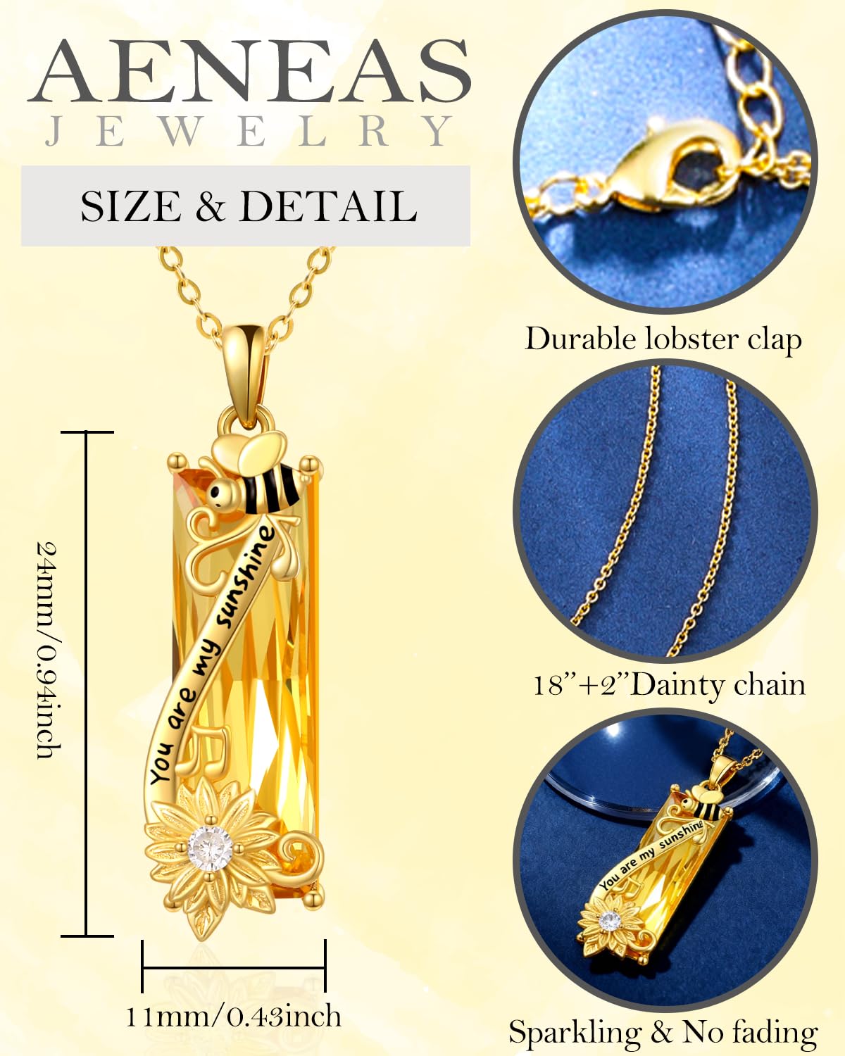 AENEAS Valentines Day Gifts for Women Her Bee Necklace 925 Sterling Silver Gold Plated Sunflower Pendant Citrine Honey Bee Jewelry You Are My Sunshine Necklace for Women Wife Her