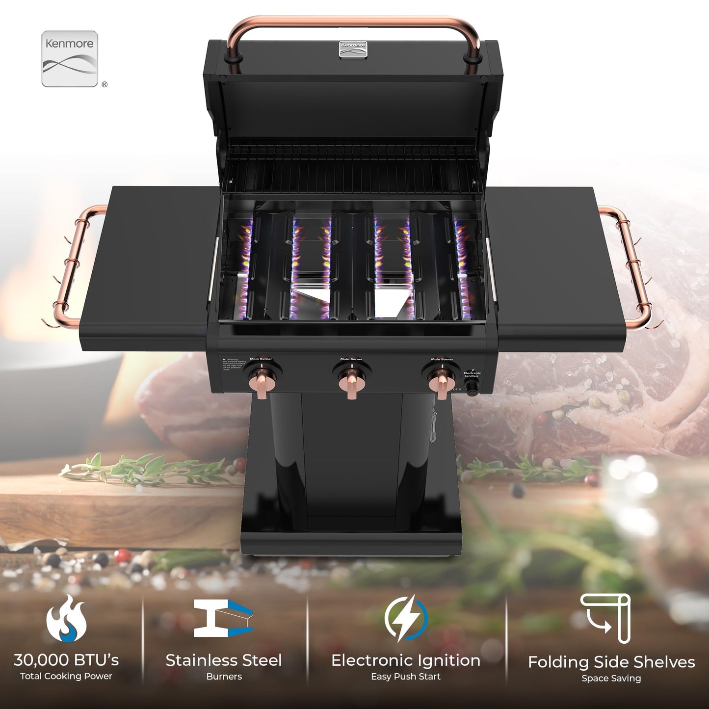 Kenmore 3-Burner Gas Grill | Foldable Side Tables, Cast Iron Cooking Grates, Warming Rack, Hooks for BBQ Grilling Tools, Propane Gas Barbecue Grill, 30,000 BTUs, Black with Copper Accent