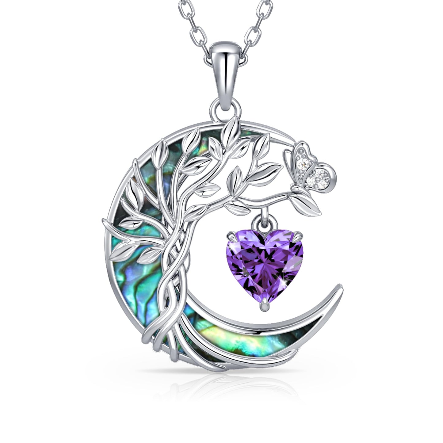 Distance Tree of Life Birthstone Necklace for Women, S925 Sterling Silver Premium Abalone Shell Moon Pendant February Heart Birthstone Necklace, Amethyst Jewelry Christmas Birthday Gifts for Her Wife