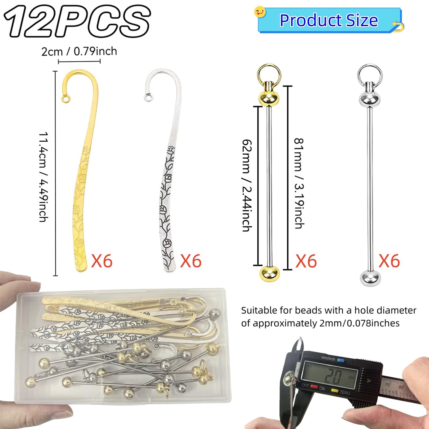 YFXJC 12 Pcs Beadable Bookmarks DIY Metal Blank Bar Bookmark for Beads Metal Bookmark Hairpin Hook Carved Antique Vintage Bookmarks Gift for Book Lovers Student Teacher Office Supplies, Silver+Gold