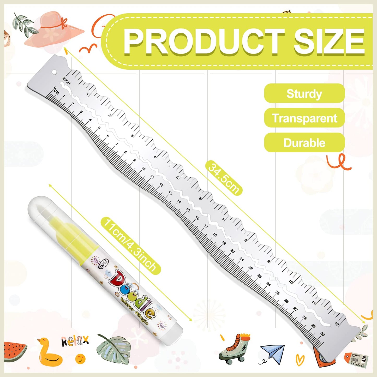 Henoyso 7 Pcs Metal Paper Tearing Ruler Deckle Edge Craft Stainless Steel Paper Cut Tool 12 Inch Irregular Edges Ruler Measurements Tool with 2 Watercolor Pen for Craft School Scrapbook