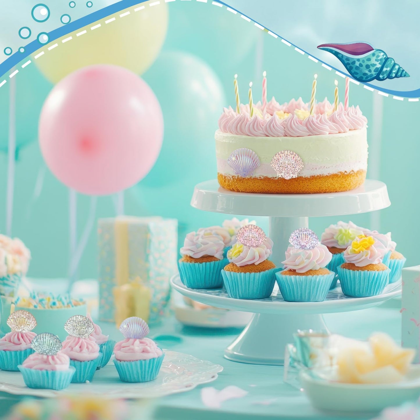 Kenning 24 Pcs Resin Seashell Cupcake Ring Toppers Under the Sea Cupcake Topper for Seashell Theme Birthday Party Cake Decorations Baby Shower Weeding Anniversary Sea Party Supplies