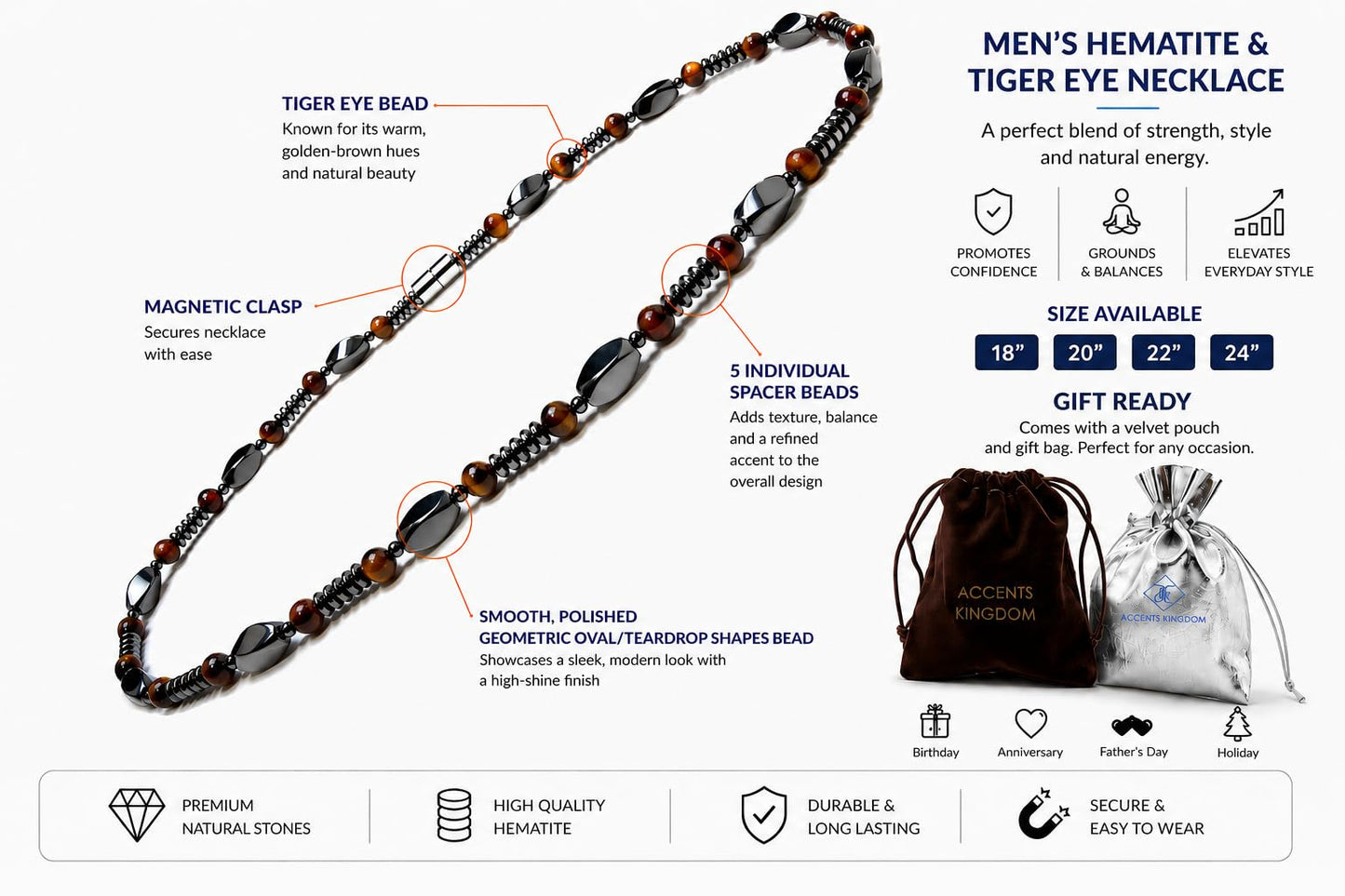 Accents Kingdom Men's Tiger Eye & Hematite Necklace - Natural Stone Beaded Necklace with Magnetic Clasp, Modern Masculine Jewelry for Casual, Business & Golf Wear, 20"