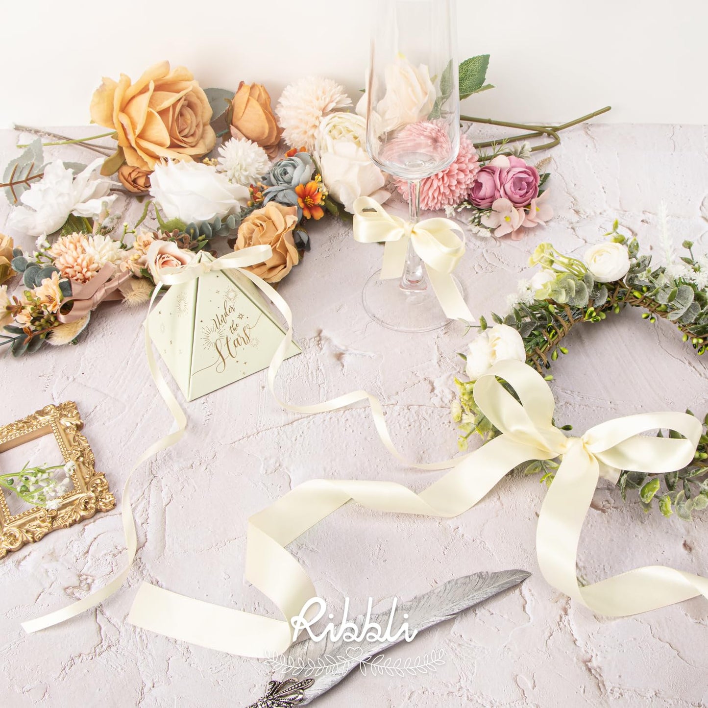 Ribbli 3 Rolls Ivory Satin Ribbon Double Faced,Total 30 Yards,(1/4 Inch x 10-Yard,5/8 Inch x 10-Yard,1 Inch x 10-Yard),Satin Ribbon Use for Bows Bouquet,Gift Wrapping,Baby Shower,Wedding Decoration