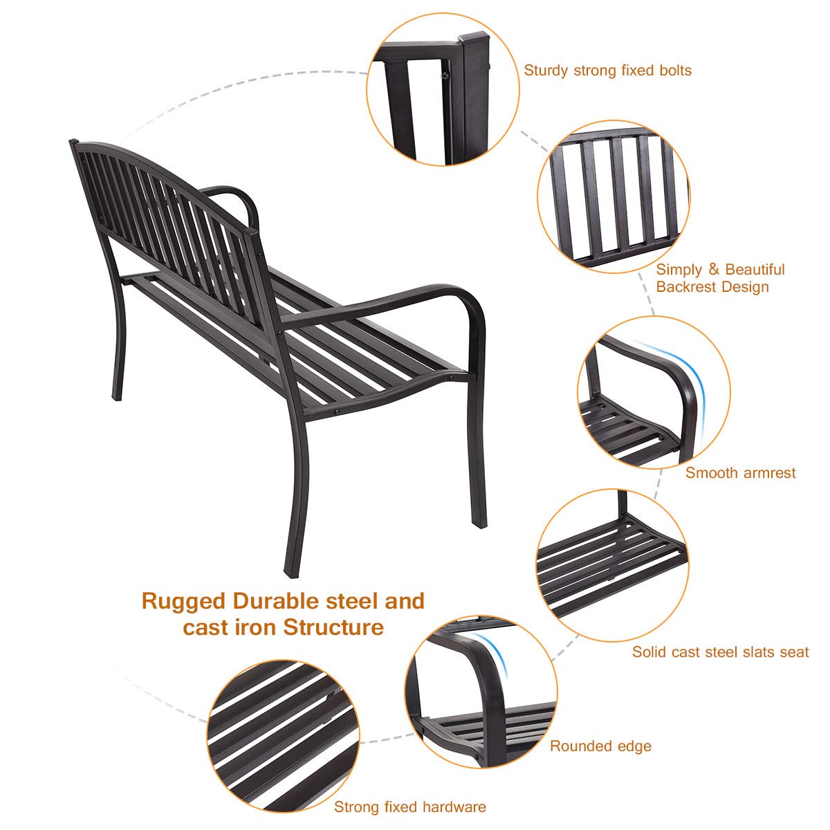 Tangkula 50 Inch Outdoor Steel Garden Bench Park Bench, Patio Chair Garden Bench with High Back & Rustproof Armrests, Ideal Bench for Lawn, Yard, Porch, Deck & Poolside