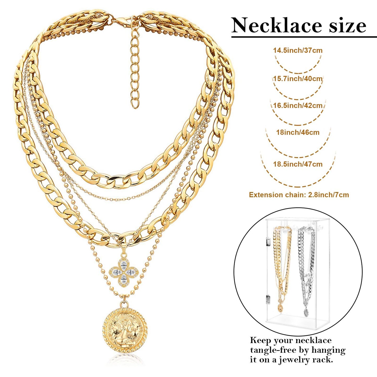 MJartoria Gold Layered Necklaces for Women Trendy Retro Coin Pendant Necklace Dainty Chunky Chain Choker Necklaces for Jewelry Birthday Gifts (Gold, A-Z-Rotatable Clover+Rhinestone-5 in 1 Layered)