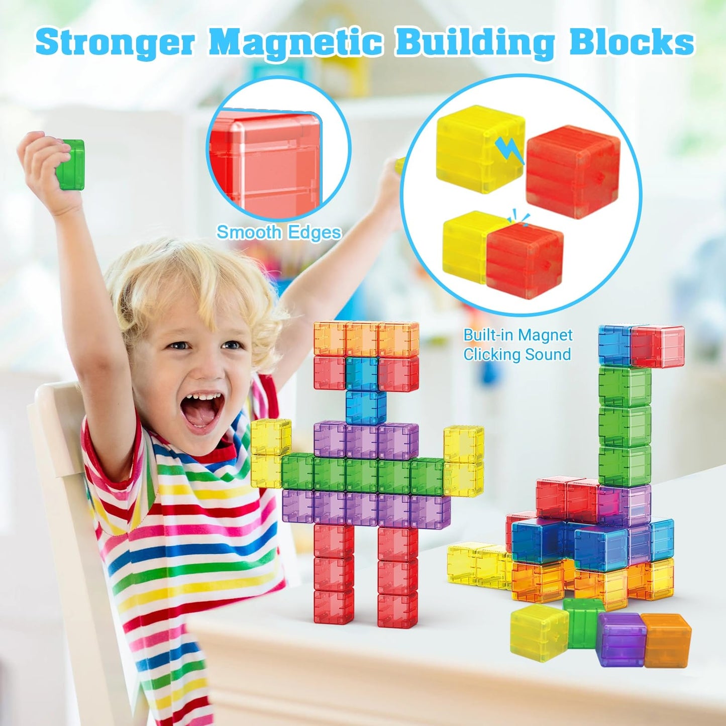 Caferria 1.4 inch Large Magnetic Blocks for Kids, 30pcs Magnet Building Blocks, Preschool STEM Sensory Montessori Stacking Cubes Educational Building Toys for 3 4 5 6 7 8 Year Old Boys Girls
