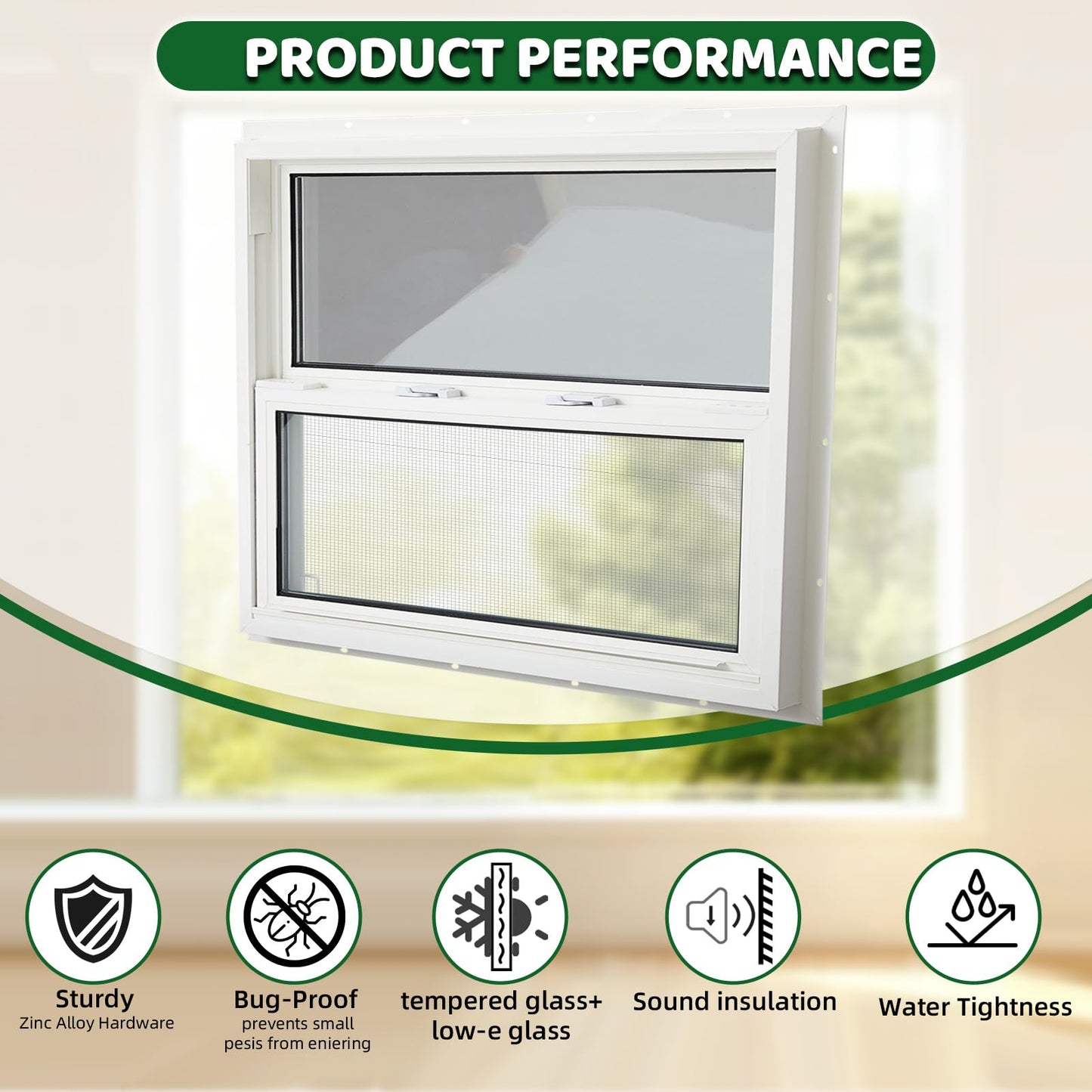 Pushglossy 30" x 27" Mobile Home Window Insulated Vinyl Low E Mobile Home Windows Replacement, Lower Tilt Sash Screen Included, Clear Double Pane Glass, Single Hung for House Basement Parts, White