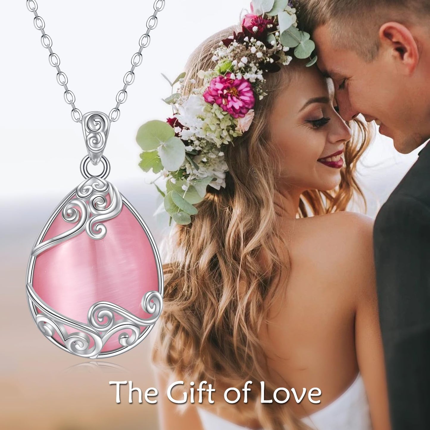 YAFEINI Teardrop Necklace 925 Sterling Silver Pink Natural Stone Necklace Filigree Pendant Necklace Jewelry for Women(T-Pink Opal teardrop necklace)