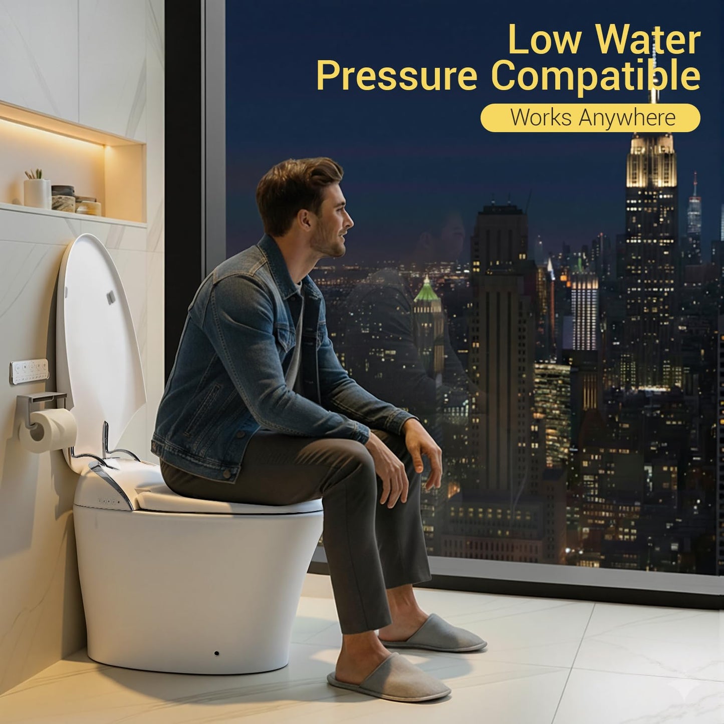 ELLAI Silver Strip Artistic Smart Toilet,Powerful Flush,Auto Open/Close,Comfort Height,Instant Warm Water&Dryer,Remote,Foot sensor,Auto flush,Heated seat,Deodorization,Low water pressure requirement