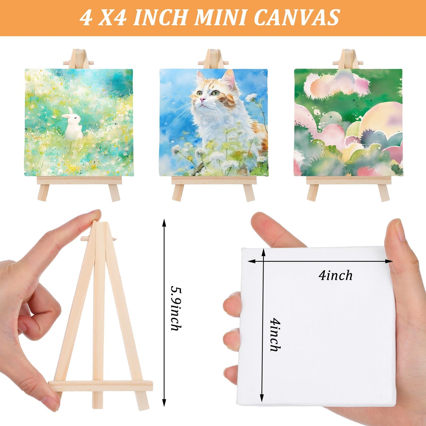 Giloaou 32 Pcs Mini Canvas and Easel Set, 4 x 4 Inch Canvas Panels with 6 Inch Wooden Easels, Art Canvases Painting Kit for Oil Acrylic Painting, Home Decor, Party Favors, Gifts