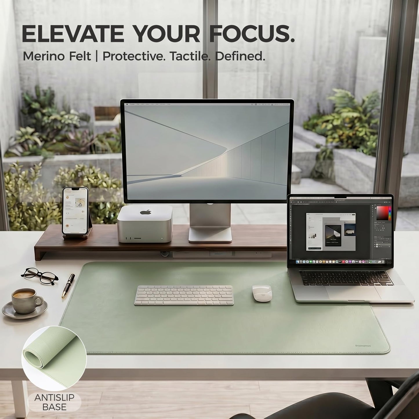 PROMATTOO Large Desk Pad Non-Slip Desk Mat Protector for Keyboard Mouse Waterproof Vegan Leather Surface Faux Leather Laptop Mat Smooth Mouse Pad Premium Gift Tube Matcha Green 31.5" x 15.7"
