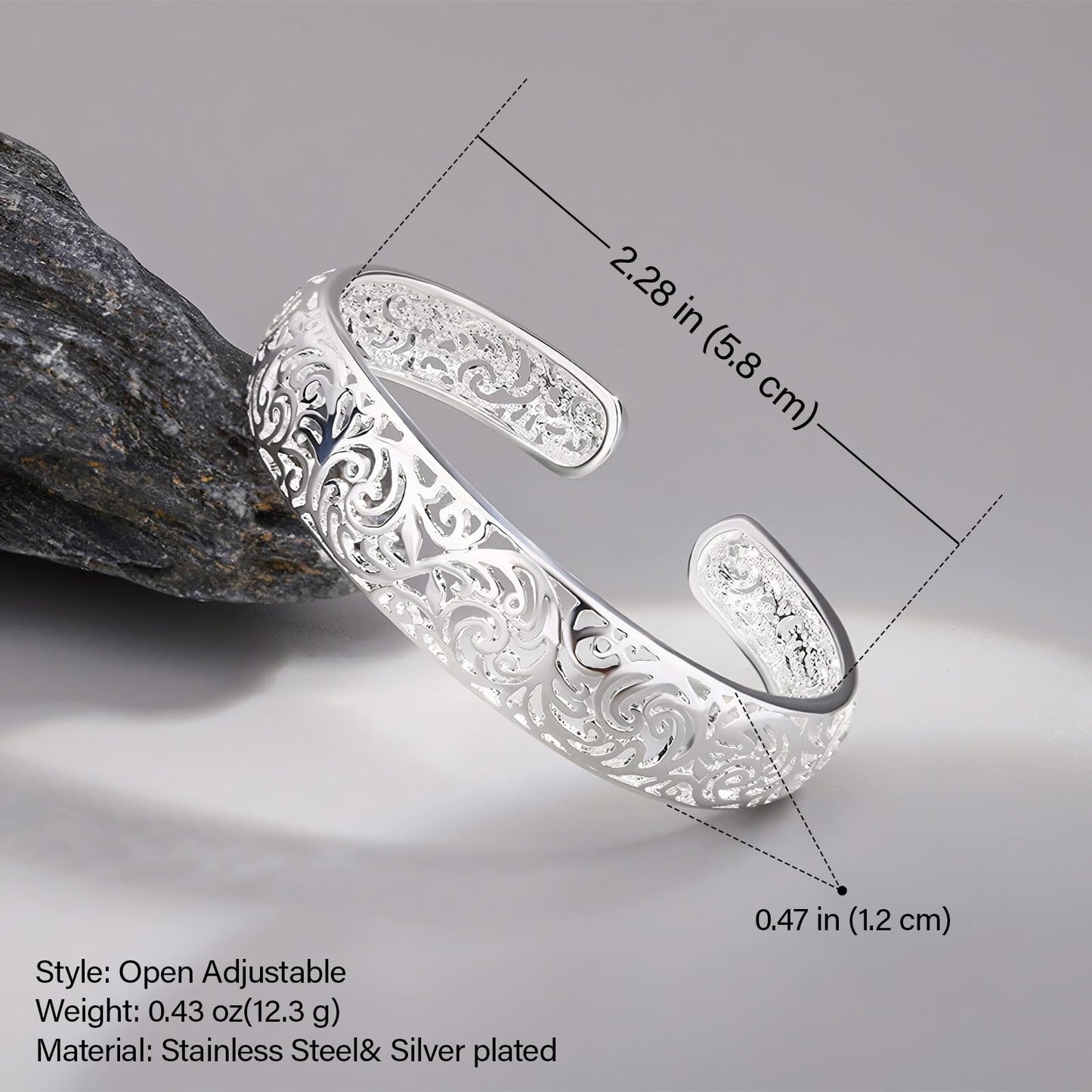 Baoaichi 925 Sterling Silver Bracelet Handmade Filigree Flower Bangle Wide Cuff Bracelets for Women Teen Girls Fashion Open Bangle Women Silver Jewelry Gift for Birthday Anniversary (silver D)