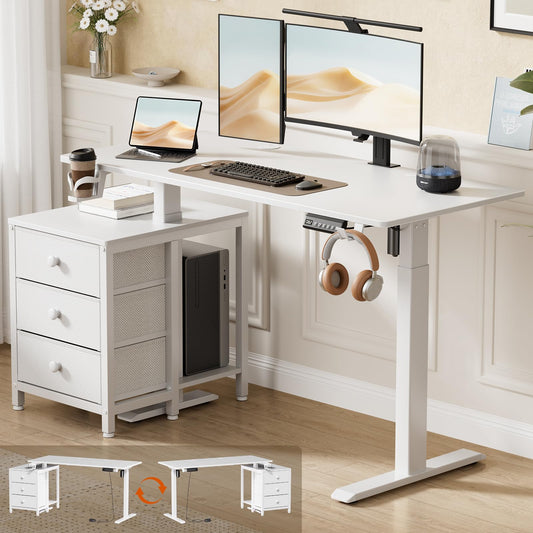 REAHOME Electric Standing Desk with Drawers, 47 x 24 Inches Height Adjustable Sit Stand Desk with Storage, 3 Memory Preset Home Office Computer Table, Printer Cabinet, 2 Hooks, Cable Management, White