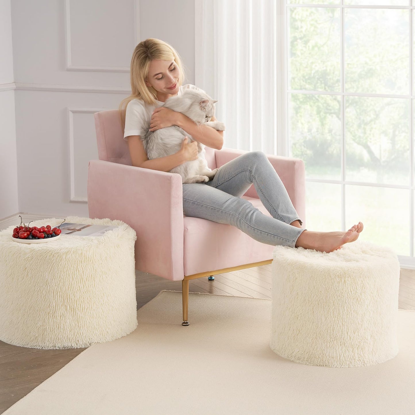 Hansleep Round Stuffed Pouf Ottoman 17 x 14, Foam Filled Faux Fur Ottoman Foot Rest for Chair with Washable Cover, Foot Stools Under Desk for Living Room & Bedroom, Beige