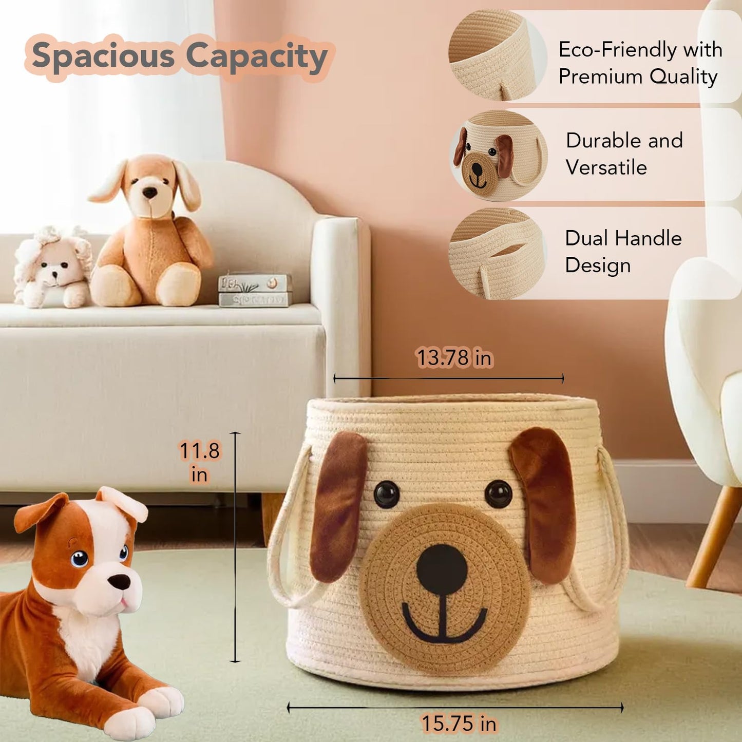 Large Dog Woven Basket with Handles - Toy Storage Bin, Baby Gift & Animal Nursery & Cute Laundry Basket, for Clothes, Towels, Toys (Dog)