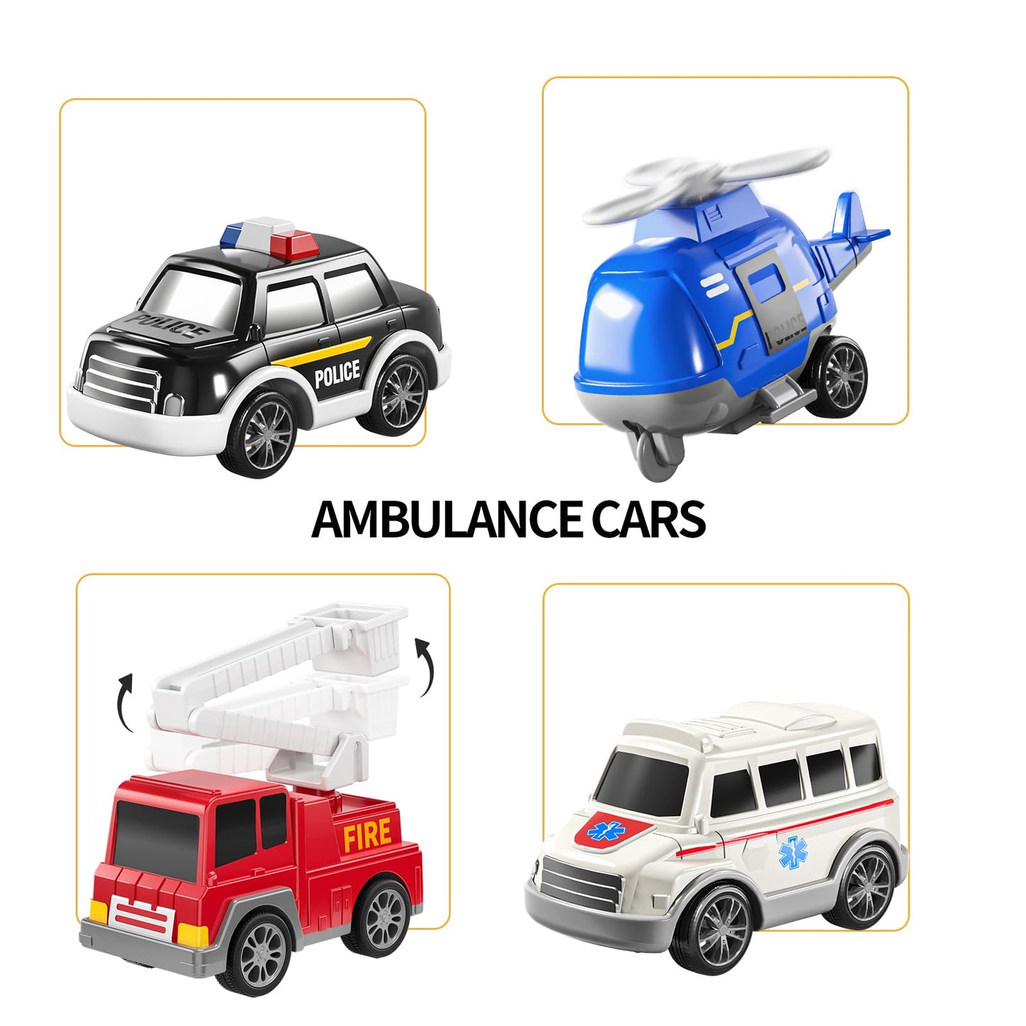 TEMI 5 Pack Ambulance Vehicle Toddler Truck Toys for 3 4 5 6 Year Old Boys, Friction Powered Cars with Toy Helicopter, Police Car, Fire Truck, Ambulance Car, Birthday Gifts for Girls Age 3-9