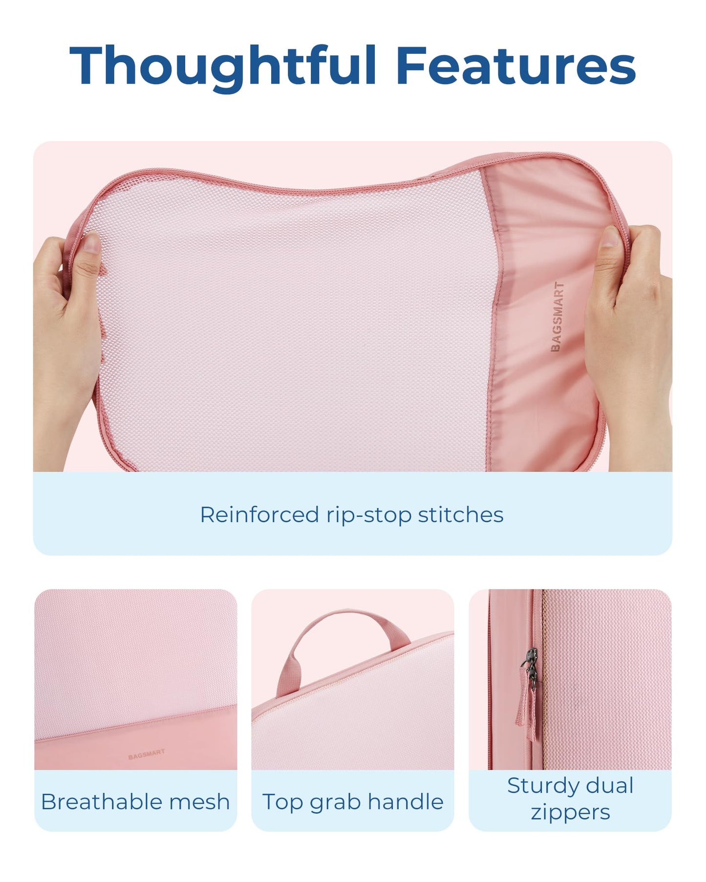 BAGSMART Hanging Compression Packing Cubes for Closet Organizers And Storage, 6 Set Suitcase Organizer Bags Set, Cruise Travel Essentials for Women, Baby Pink