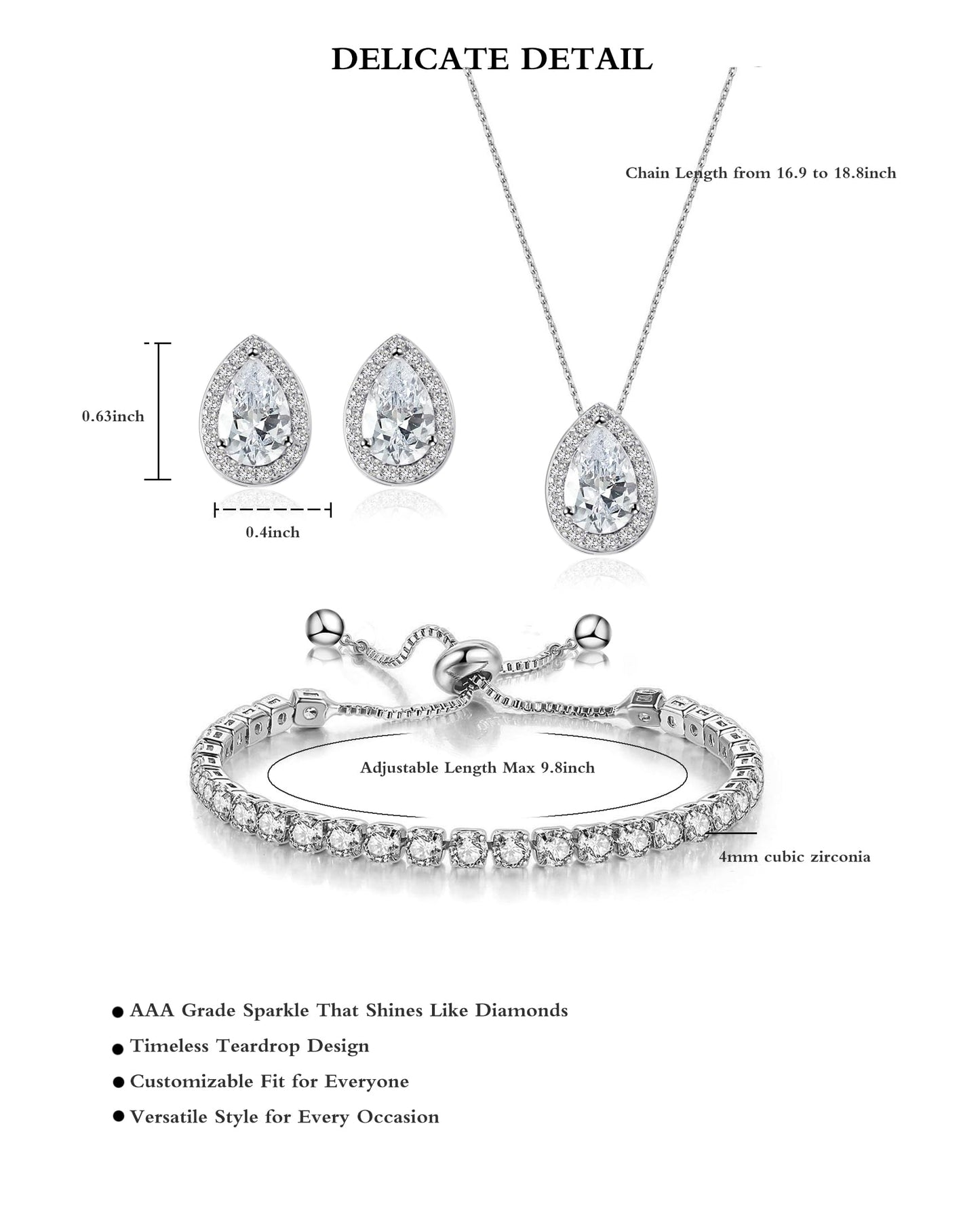 UDYLGOON Teardrop CZ Bridal Jewelry Set Imitation Diamond Earrings Necklace Bracelet for Bride Bridesmaids Wedding Prom Party (Tenni-Royal Blue)