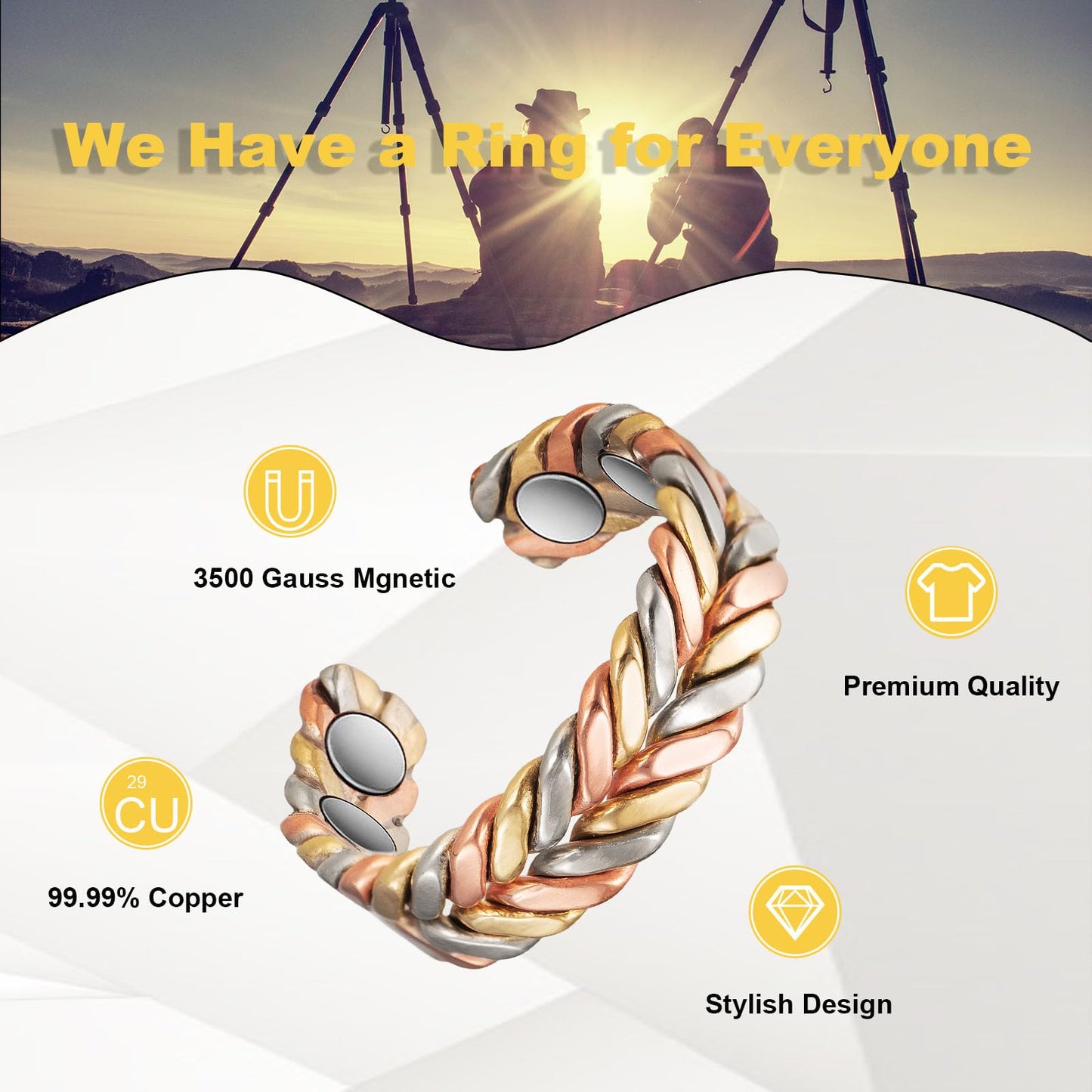 EnerMagiX Copper Rings for Women, 2Pcs Set Copper Weaving Tricolour Gold Adjustable Ring, Fashion Copper Jewelry（2040 2PC）