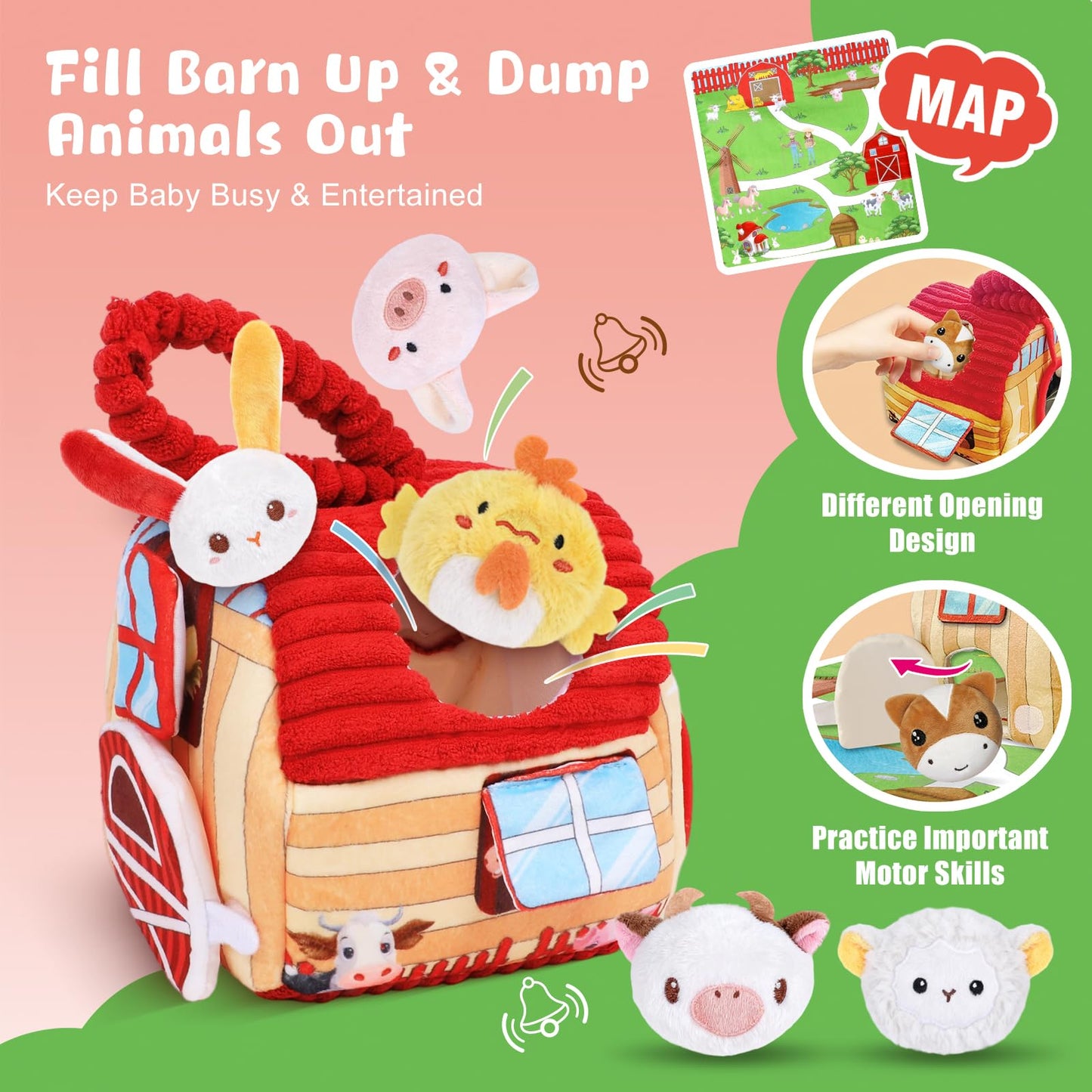 kenvc Baby Toys for 6-12 Months, Barn Stuffed Farm Animals with Sounds & Ring, Plush Animals Toys Have Mirror Montessori Educational Toys Sensory for Developmental for Infants & Toddler Toy Gift
