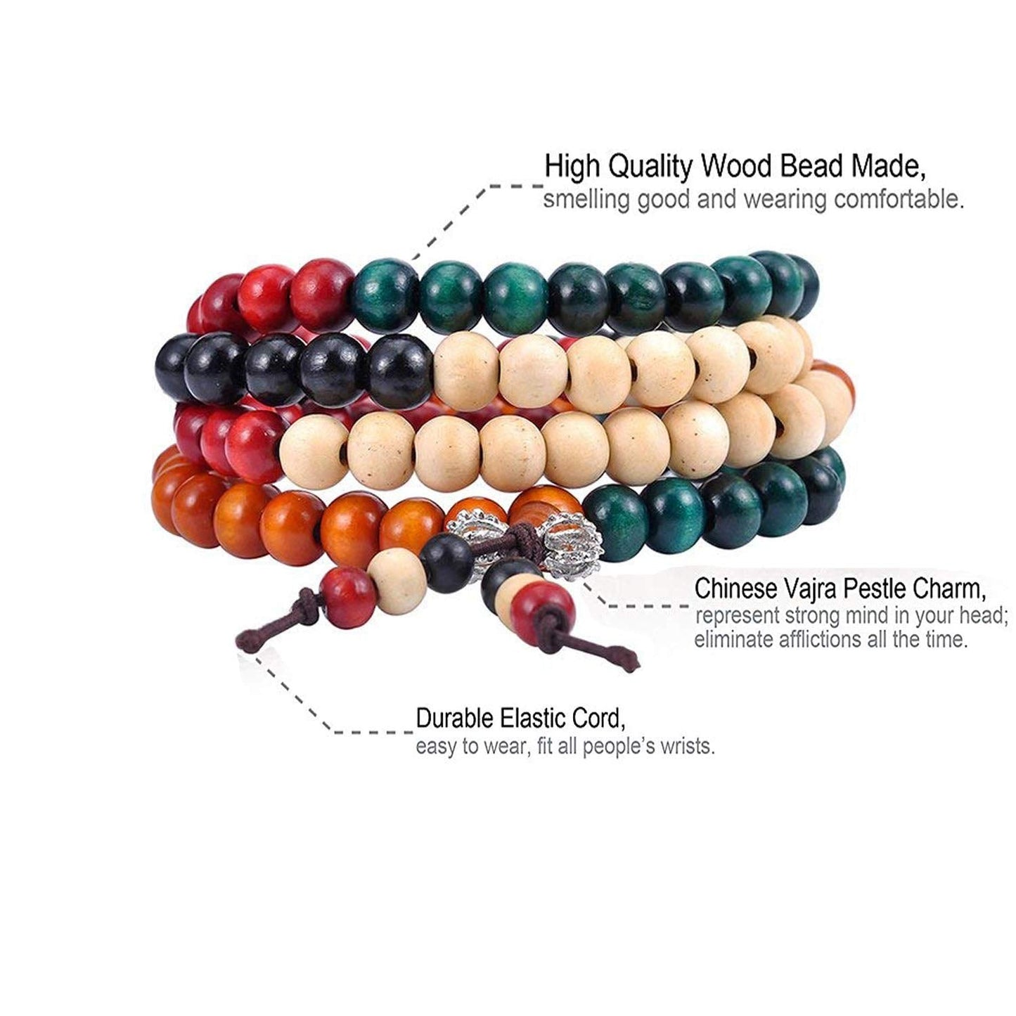 K&Q 9 Pcs Mens Womens Wood Chain Bracelets, Handmade Multilayer 8MM 108 Buddhist Strand Wood Mala Beaded Elastic Bracelet Necklace-Meditation Prayer Beads for Yoga, Spiritual Protection & Good Luck