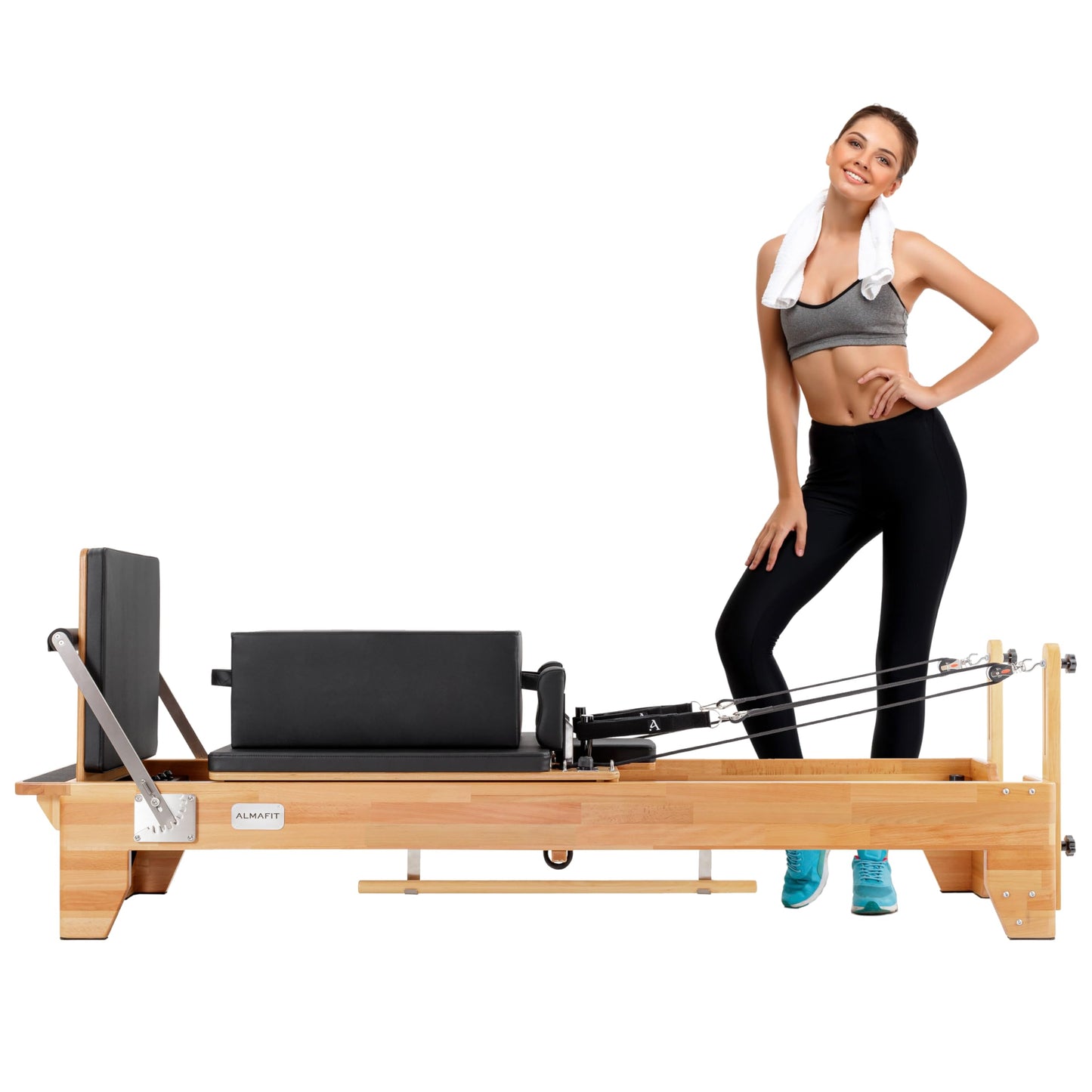 Pilates Reformer Machine with Sitting Box & Jumpboard – Adjustable Resistance, Durable Black PVC Upholstery – Ideal for Home or Studio Workouts