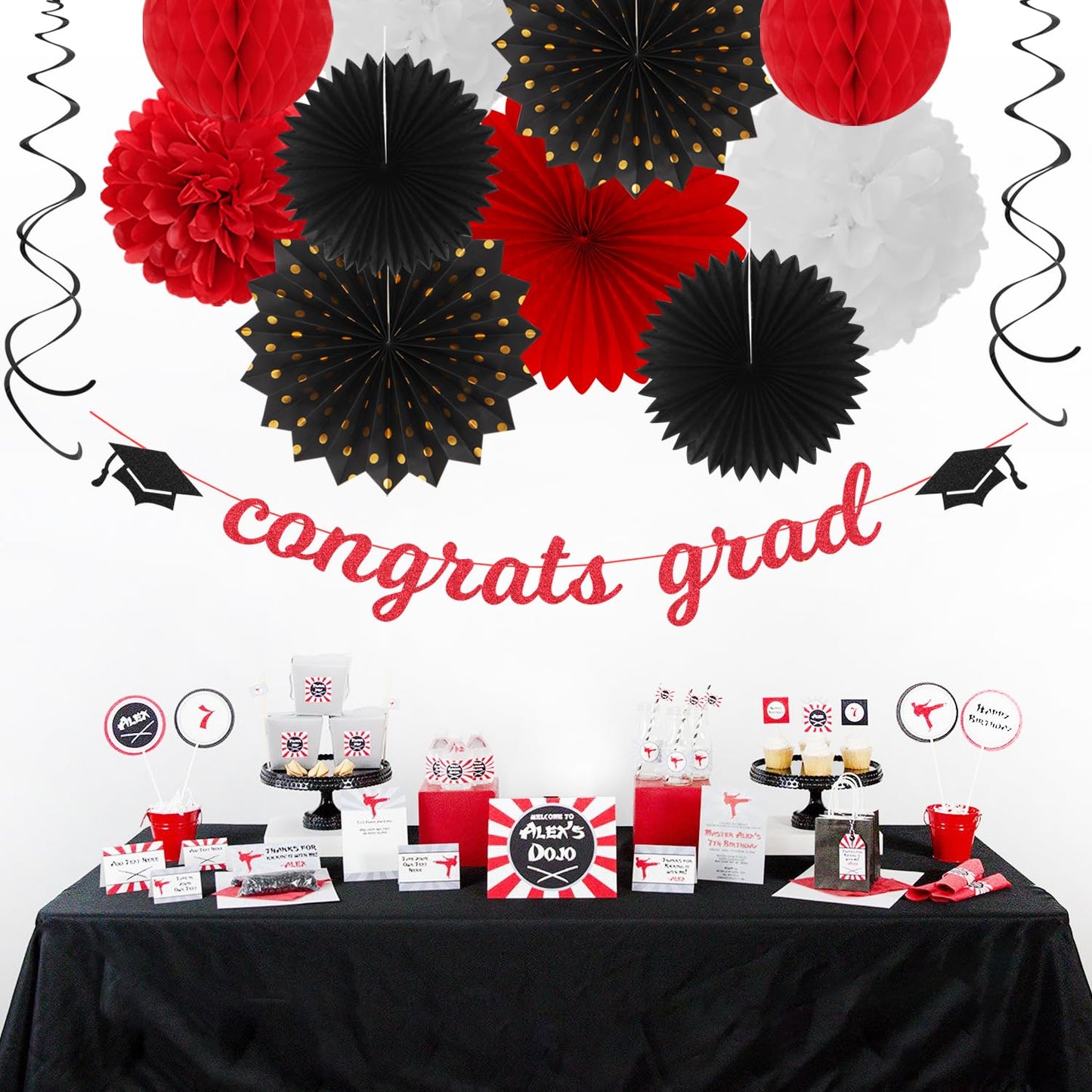 Red-Black White Party-Decorations Graduation Banner-Streamers - 18pcs Kits 2026 Congrate Grad Garland,Congratulations Paper Tissue Pom Poms Fan,Honeycomb Lanterns Decor Panduola