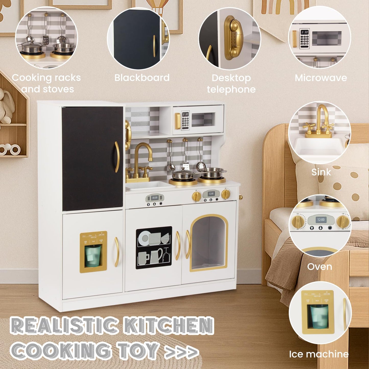 Kitchen Playset for Kids Ages 3-8, Wooden Kids Play Kitchen Chef Pretend Play Set for Toddlers, Toys Kitchen with Toy Food & Cookware Accessories