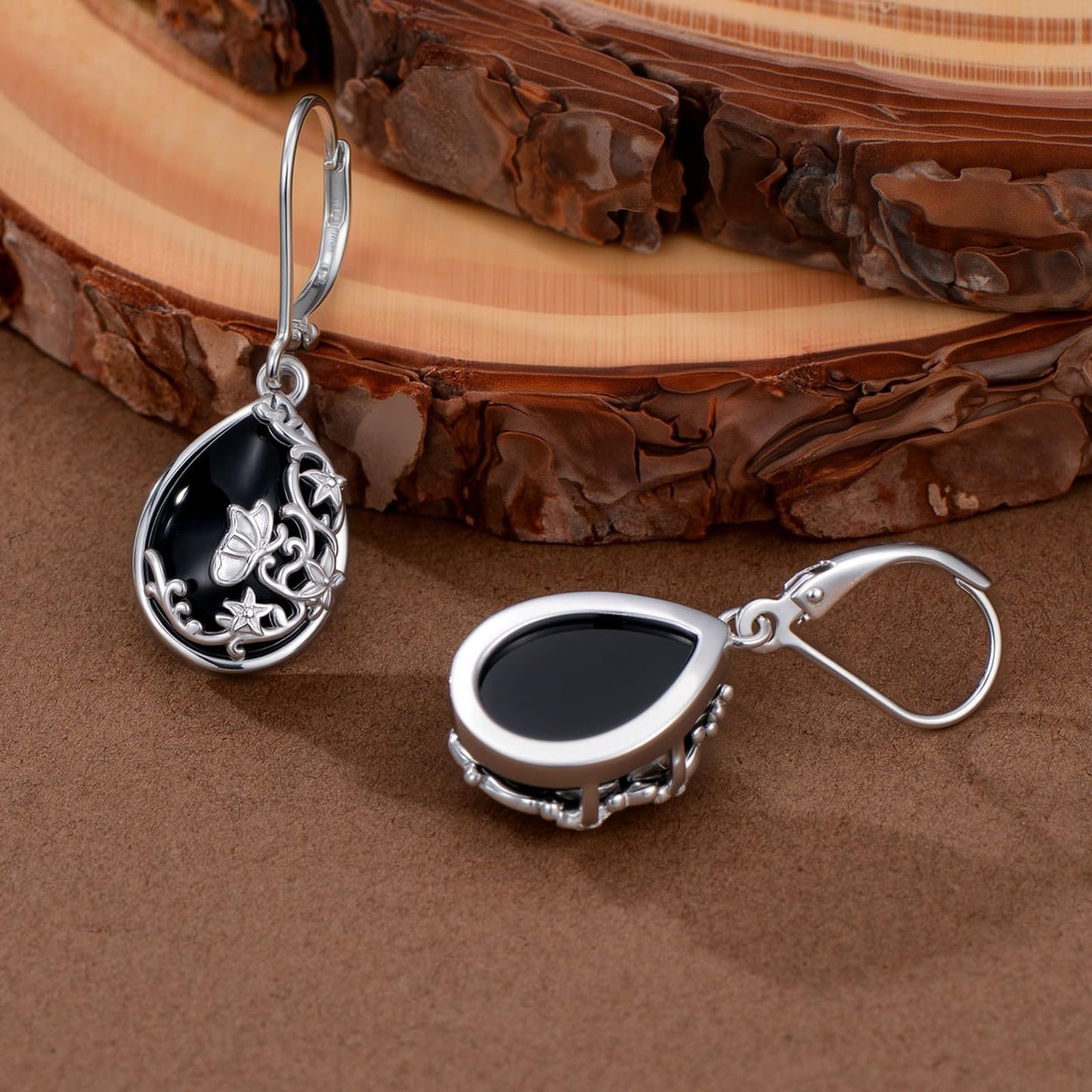 KoyeKei Black Onyx Earrings for Women 925 Sterling Silver Butterfly Filigree Dangle Drop Earrings Black Onyx Leverback Filigree Butterfly Jewelry Christmas Gift for Girlfriend Wife Daughter