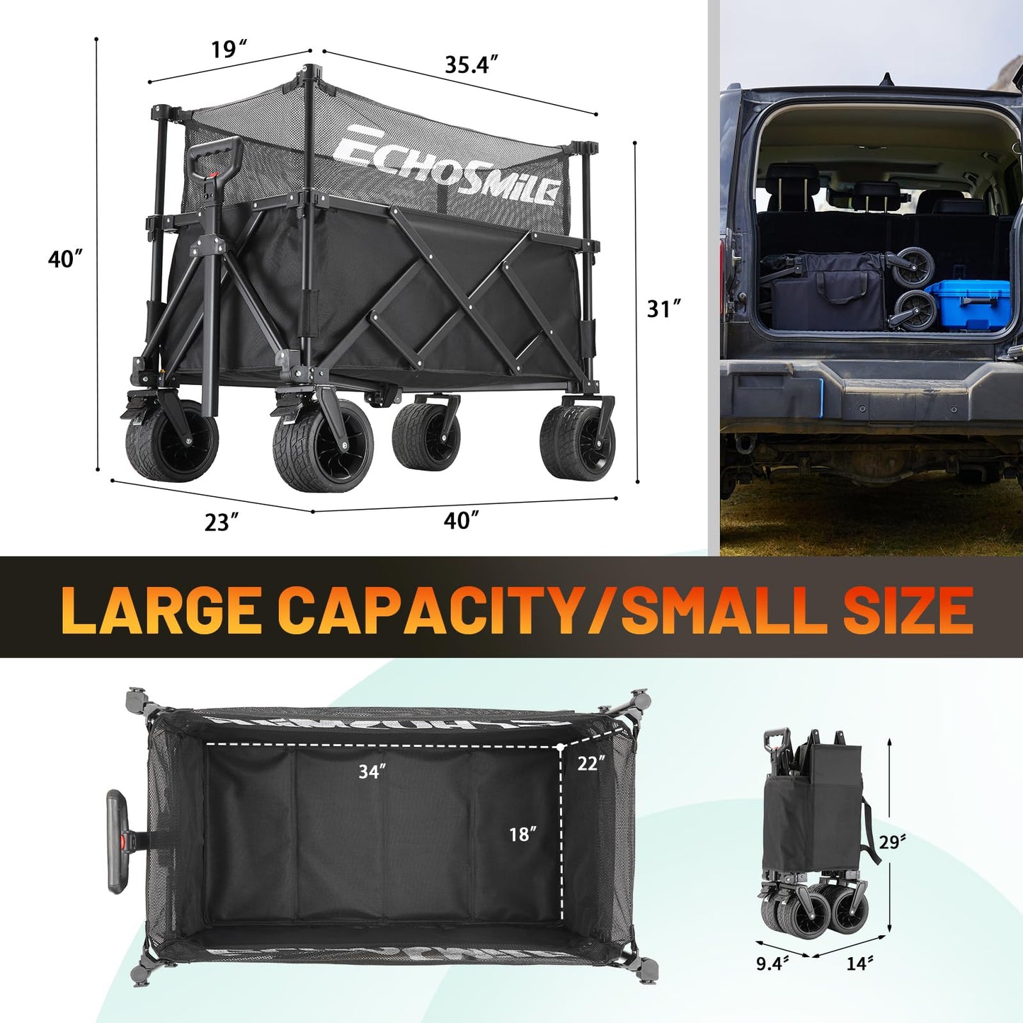 EchoSmile Collapsible Folding Wagon Cart with Mesh Fabric - 480lbs Capacity 2-in-1 Heavy Duty Utility Wagon for Camping, Beach, Grocery &Shopping