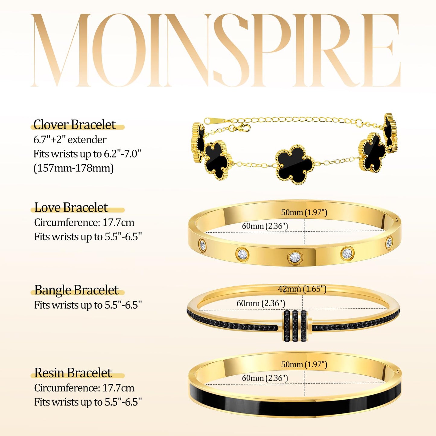MOINSPIRE 18K Gold Plated Bracelets for Women, Stainless Steel Four Leaf Clover Tennis Nail Love Bangle Bracelets Set, Trendy Stackable Twist Cuff Bracelet Non Tarnish Jewelry Gifts for Christmas
