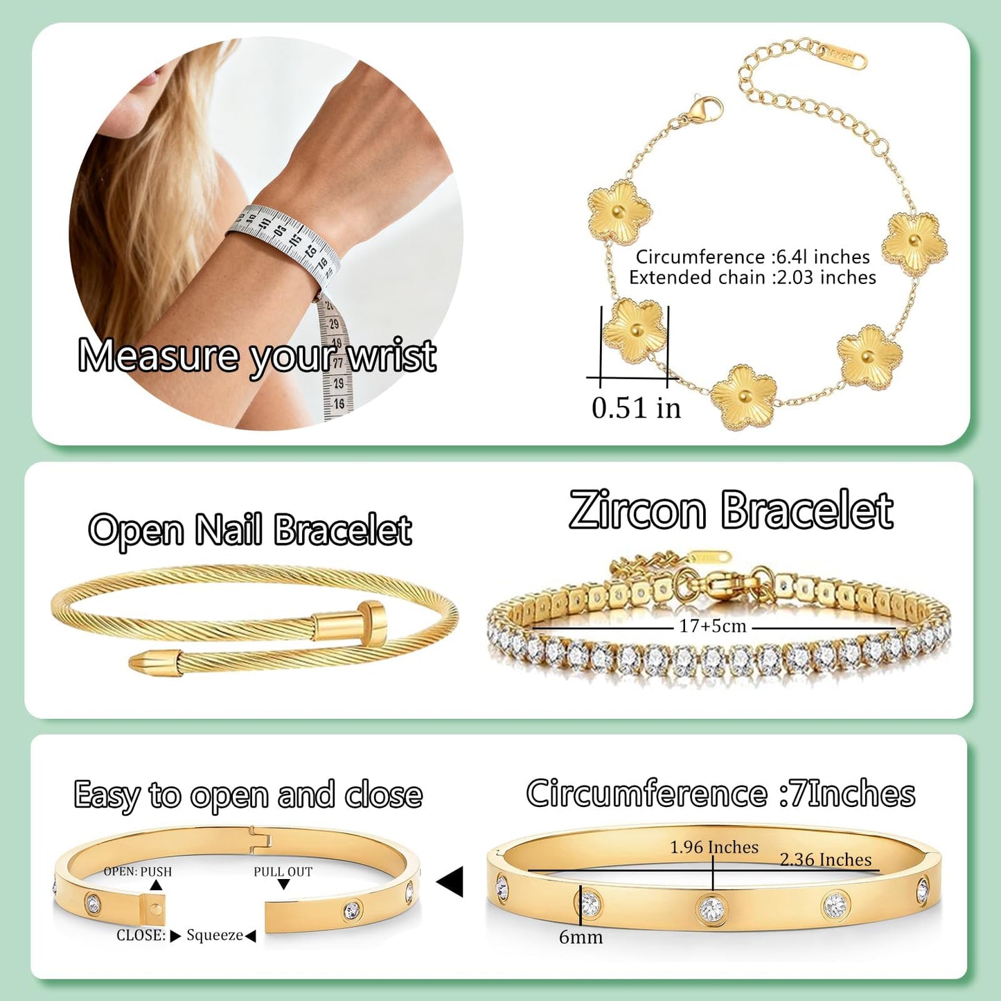 Zesnoy 18K Gold Plated Womens Stackable Floral Gold Clover Bracelets Set Love Bangle Bracelets Non Tarnish, Bracelet Set Trendy Jewelry, Gifts for Women's Day and Mother's Day
