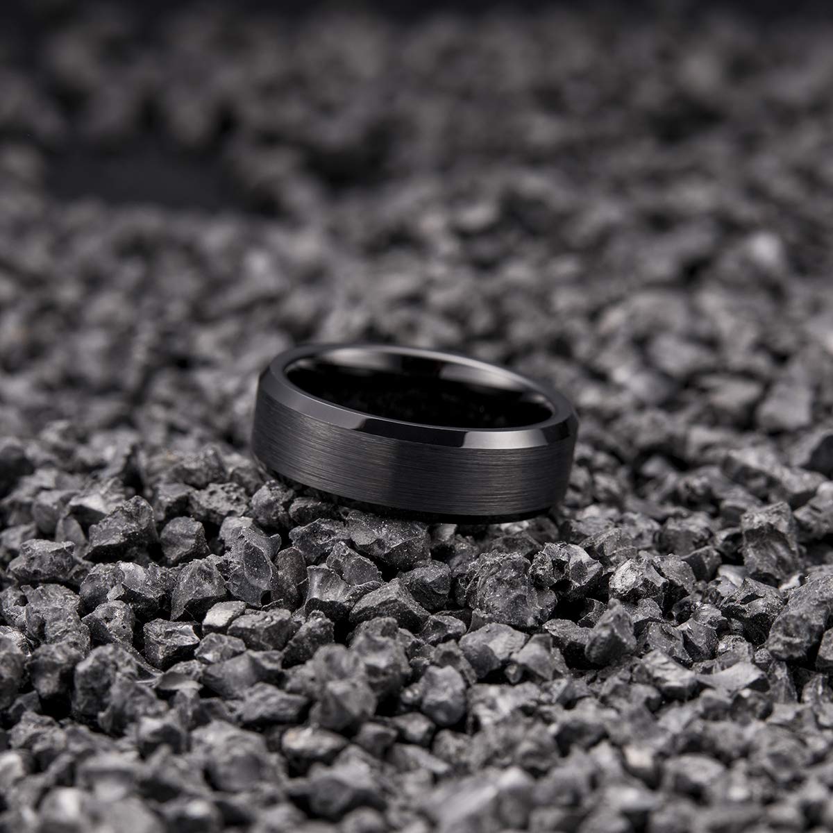 King Will 7mm Men's Black Wedding Ring - Brushed Matte Surface, Beveled Polished Edge, Comfort Fit Size 11
