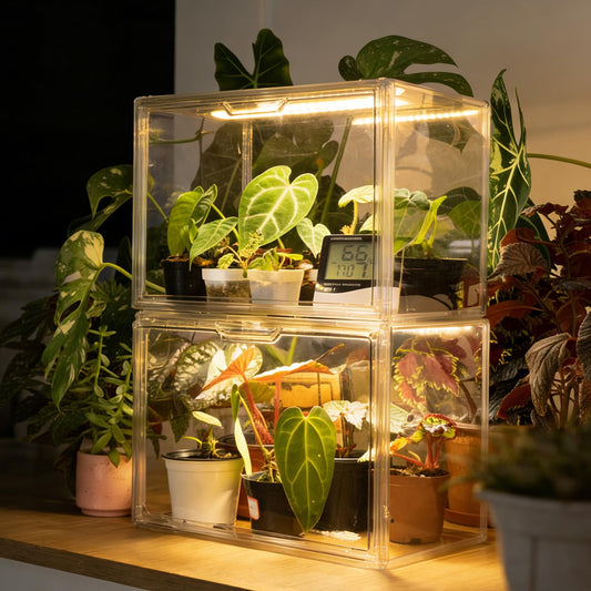 Bstrip Tabletop Greenhouse, GM4 Small Greenhouse for Indoors, Stackable Clear Plastic Greenhouse with Magnets, Indoor Seed Starter Greenhouse with Lights, Auto Timer, User-Friendly, 14.2x8.7x10.6IN
