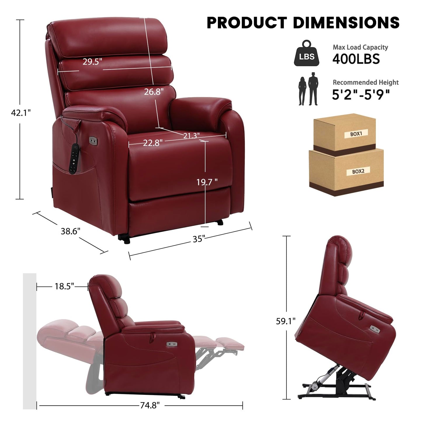 EONIX Dual Motor Lay Flat Power Lift Recliner Chair for Elderly, Breathable Faux Leather Electric Lift Chairs for Adults, 400lbs Heavy Duty Power Recliner with Heat and Massage, SLRY003061, Burgundy