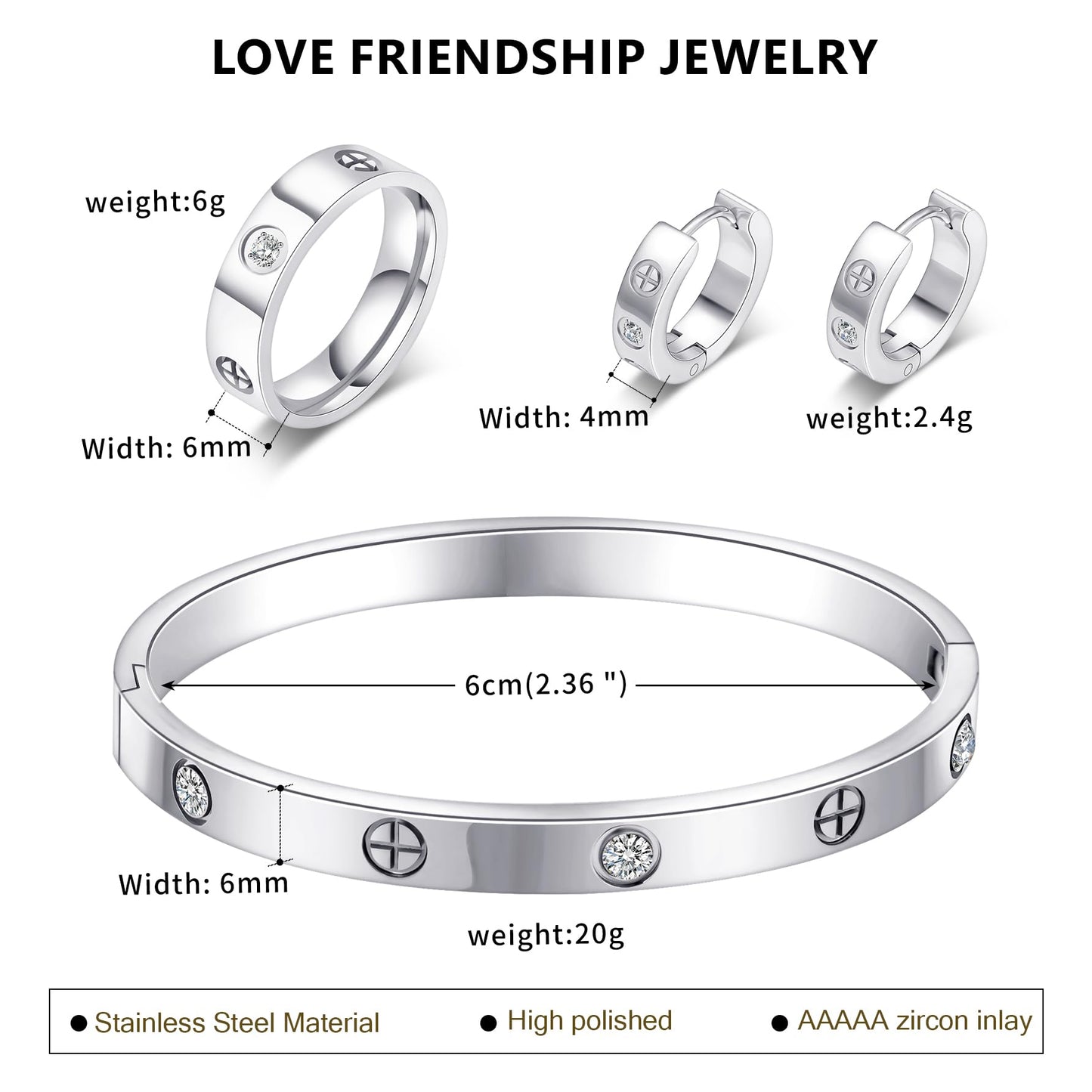 3 Pcs Hoop Earrings Bracelets Ring Sets for Women-Silver Love Bracelet CZ Cuff Bangle Hoop Earrings Friendship Love Ring Jewelry Set,Wedding Party Christmas Valentine's Day Birthday Gifts for Her
