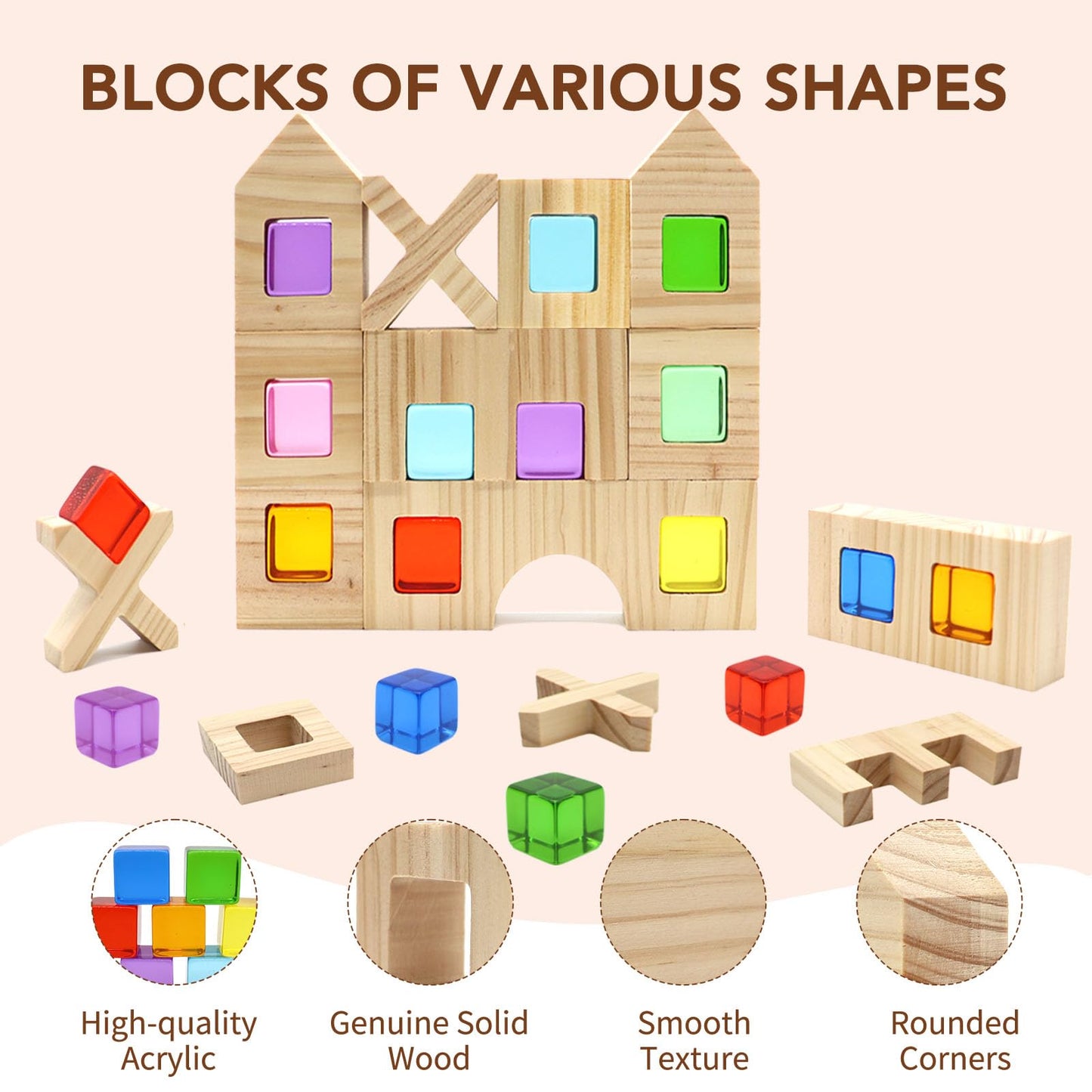 kuchisity Wooden Building Blocks Set for Kids, 60 PCS Rainbow Acrylic Gem Cubes Stacking Blocks, Montessori Stacking Toy for Toddlers Educational Toy Early Learning Gifts for Boys Girls 3-6 (60)