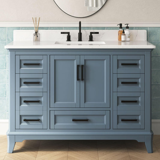 DELUXE LIVING 48 Inch Bathroom Vanity with Sink, Modern Steel Blue Bathroom Cabinet with Soft Closing Doors & Dovetail Drawers, Quartz Countertop, No Assembly Required