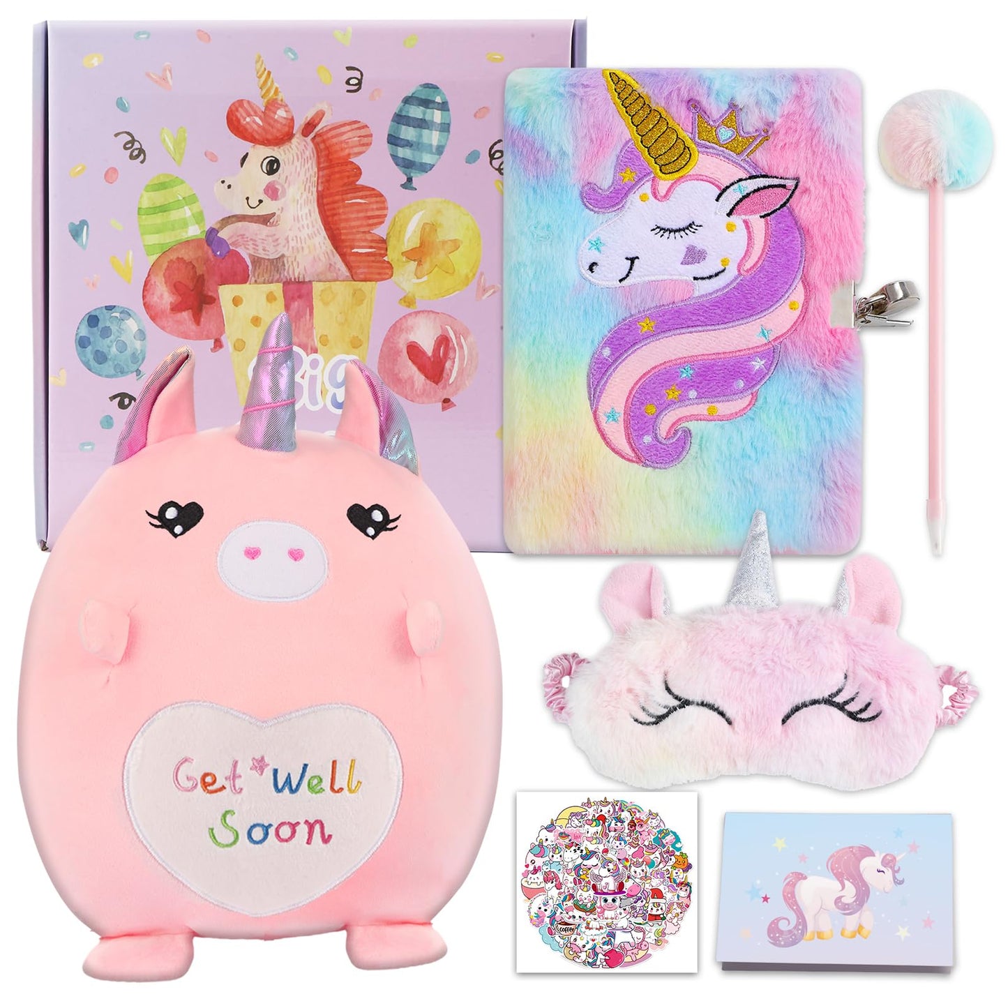 VUYUEN Get Well Soon Gift for Girls, Unicorn Fluffy Diary with Lock & 12'' Get Well Soon Plush Pillow, Feel Better Gifts for Girls, Girls Get Well Baskets, Get Well Gift After Surgery