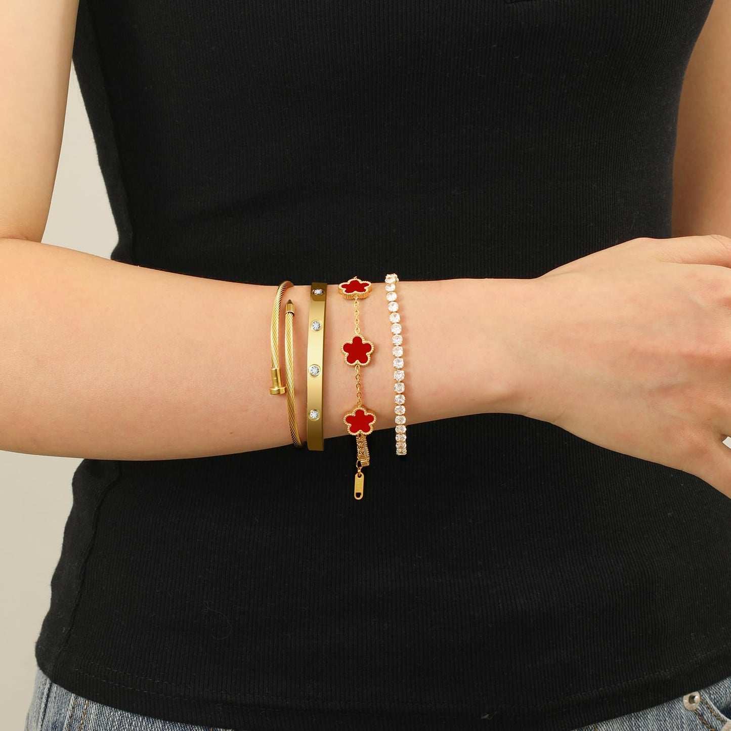MEIERYA 18K Gold Plated Womens Stackable Floral Bracelets Set,Twisted Cable Bangle,Trendy Jewelry,Waterproof adjustable bracelet,Christmas Birthday Gifts for Girlfriend or Mother. (07-Color-red)