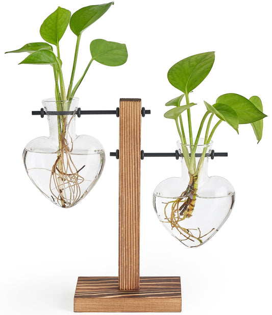 Mkono Heart Shaped Propagation Station with Wood Stand, Glass Hydroponic Planter Desktop Plant Terrarium for Home Office Decor, Gifts for Plant Lovers - 2 Love Bulb Pot Vase