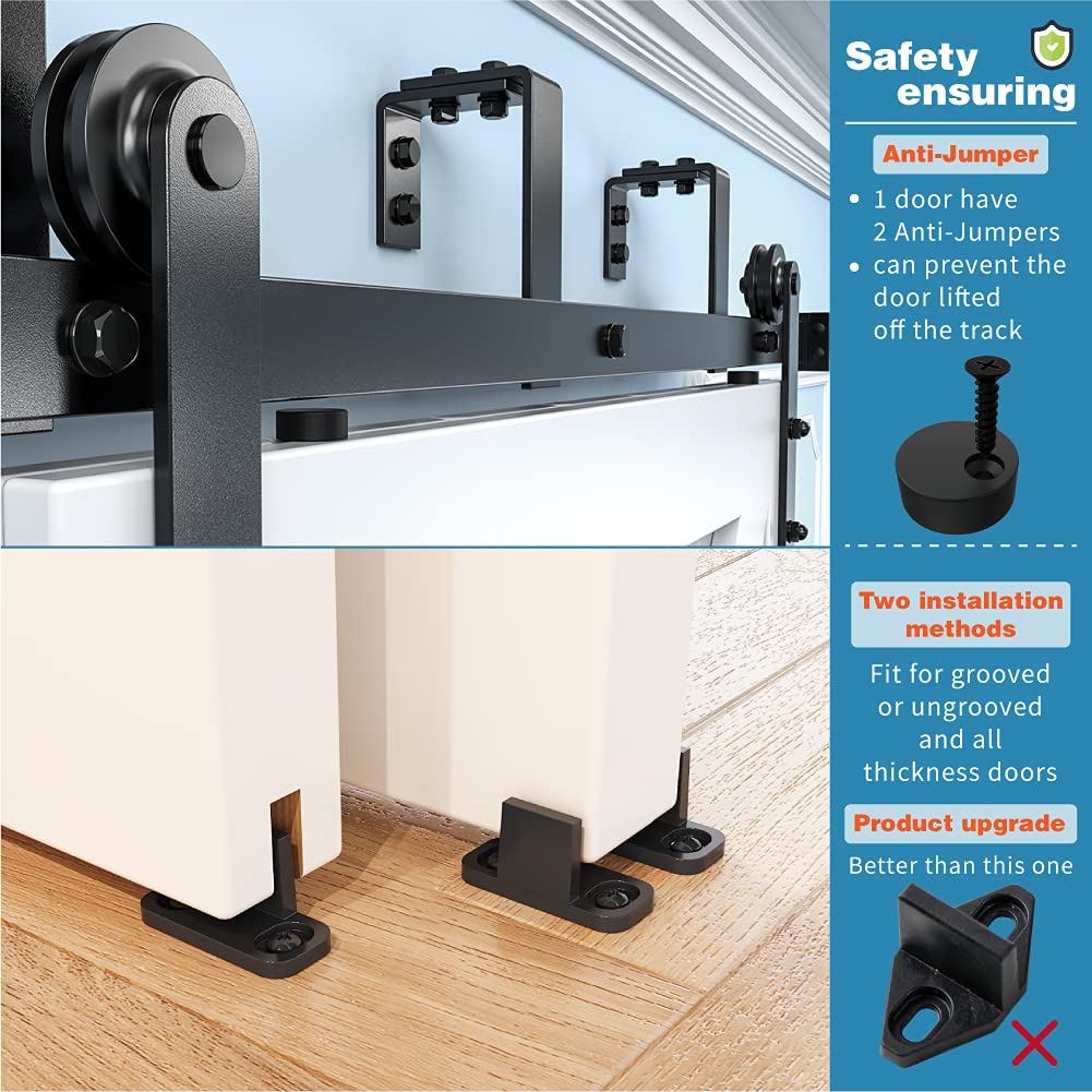 ZEKOO 5FT Double Track Bypass Sliding Barn Door Hardware Kit for 2 Doors, Bypass Barn Door Track Kit, Low Ceiling, Easy Install, I Shape Hanger, Fit 30" Wide Door Panel