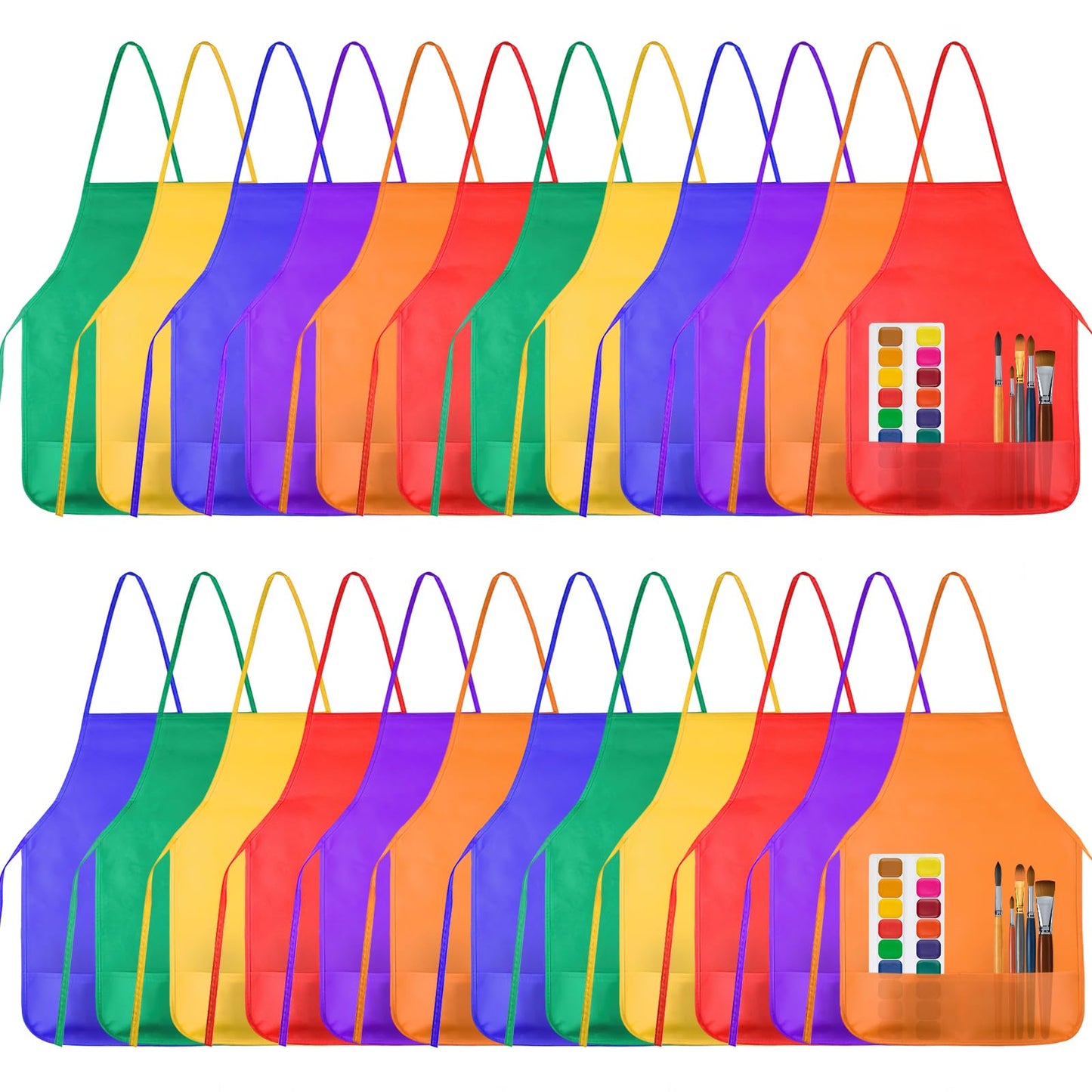 KUUQA 24 Pack Kids Art Apron with Two Pockets Children Painting Aprons for Kids Art Smocks Colorful Bulk for Craft Home Kitchen Classroom Painting Supplies (6 Colors)
