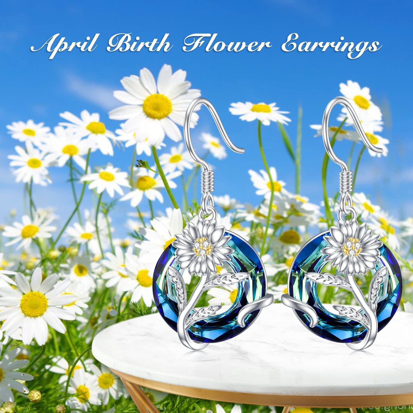 TOUPOP April Birth Flower Earrings Daisy Drop Dangle Earrings Blue Crystal Jewelry Birthday Mothers Day Gifts for Women Mom Her