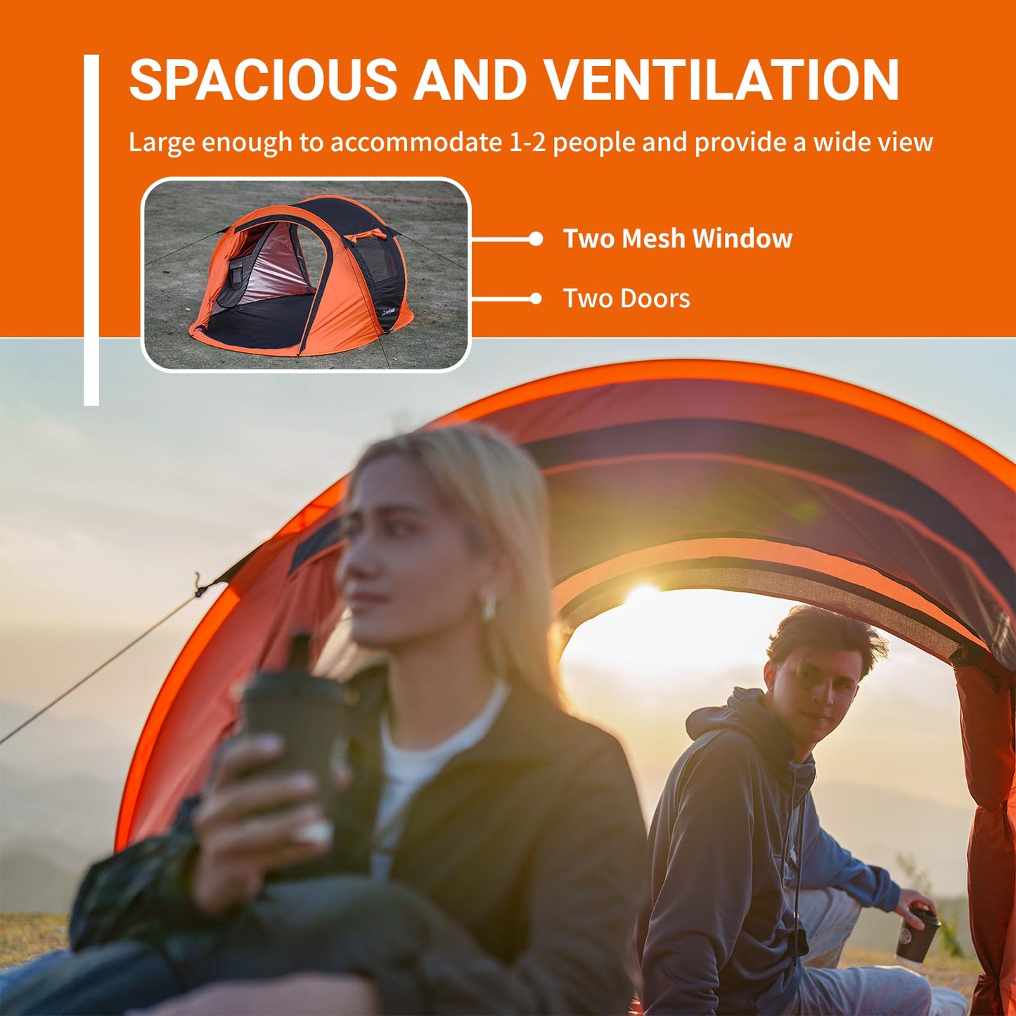 EchoSmile Instant Pop Up Camping Tent, 2 Person Easy Setup Tent, Water Resistant Dome, Portable with Carry Bag(Black & Orange,2 Person)