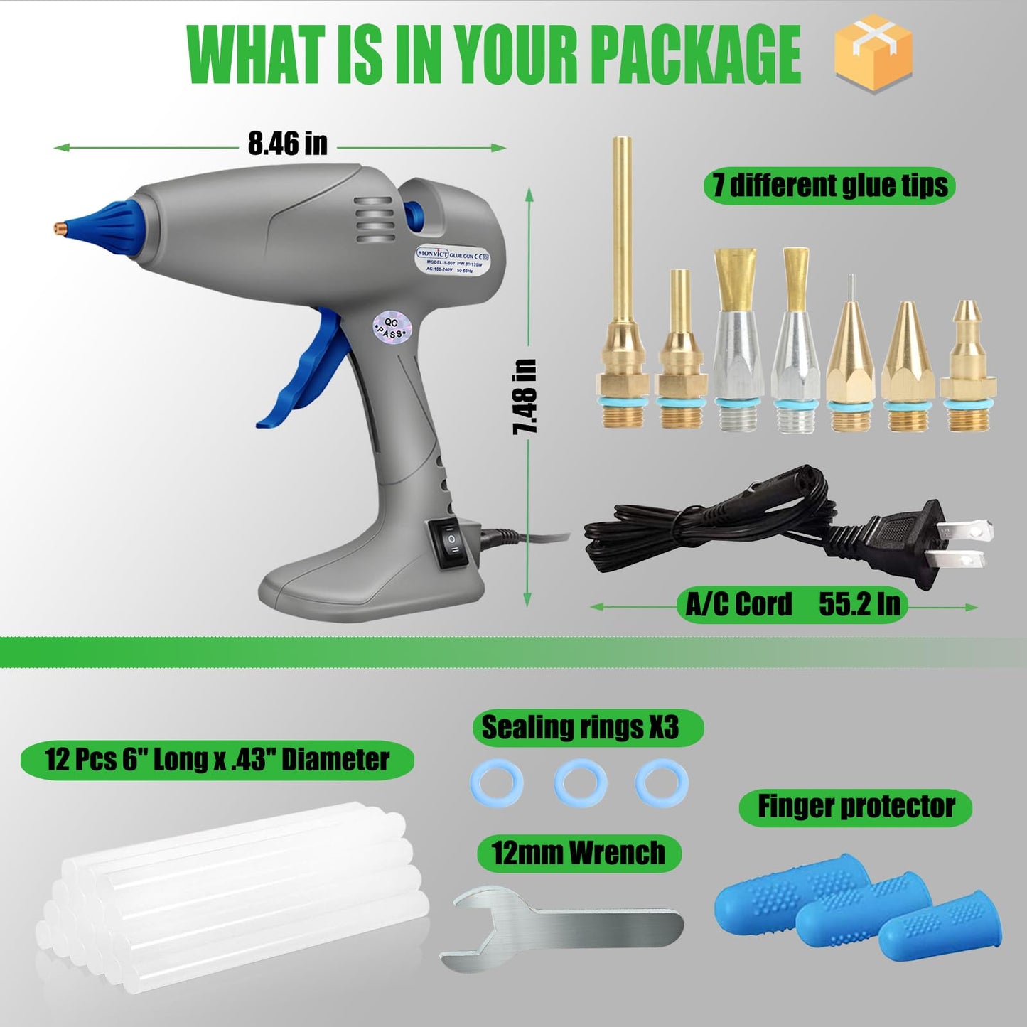 MONVICT Hot Melt Glue Gun with 7 Copper Nozzles, 3 Silicone Finger Covers, 12 Glue Sticks Dual Temperature Switching, Corded Detachable Cord Use Stand-Up Base Anti-drip for Art DIY Craft repair