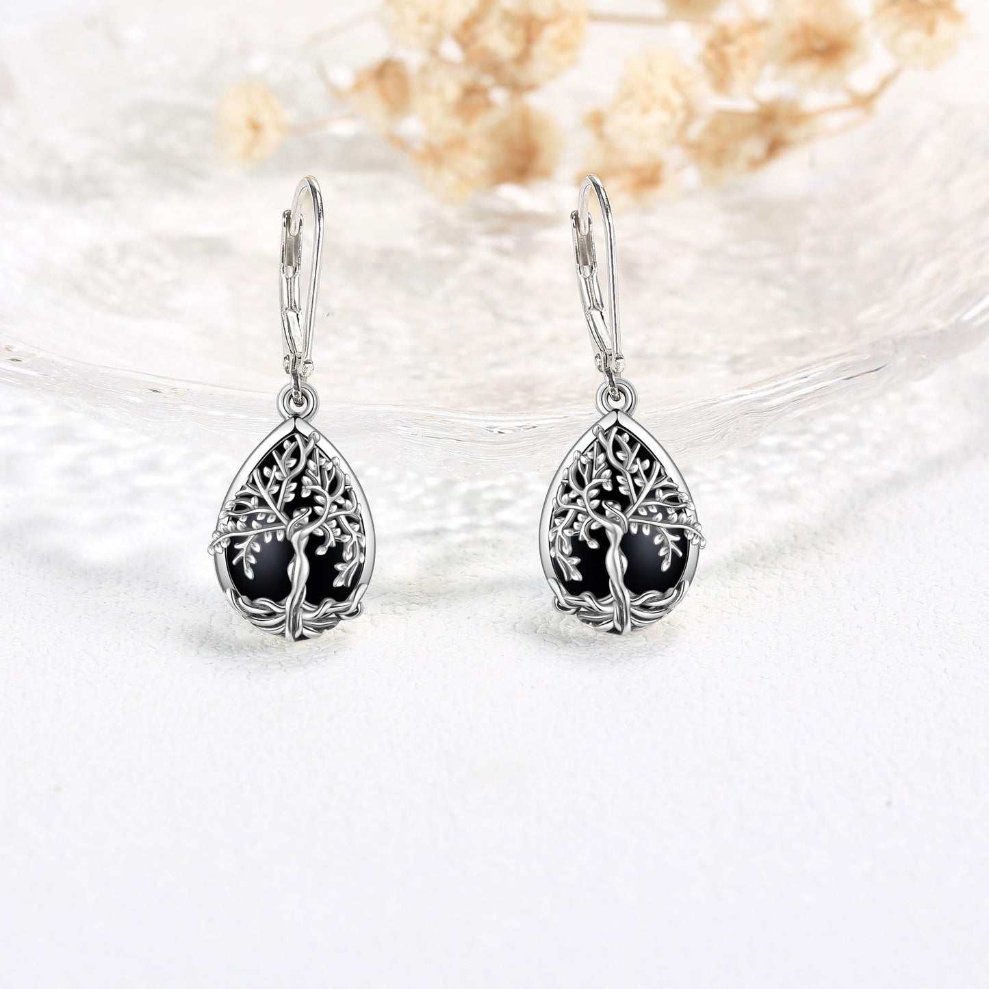 ONEFINITY Tree of Life Earrings Sterling Silver Black Tourmaline Tree of Life Dangle Drop Earrings Teardrop Black Tourmaline Jewelry for Women