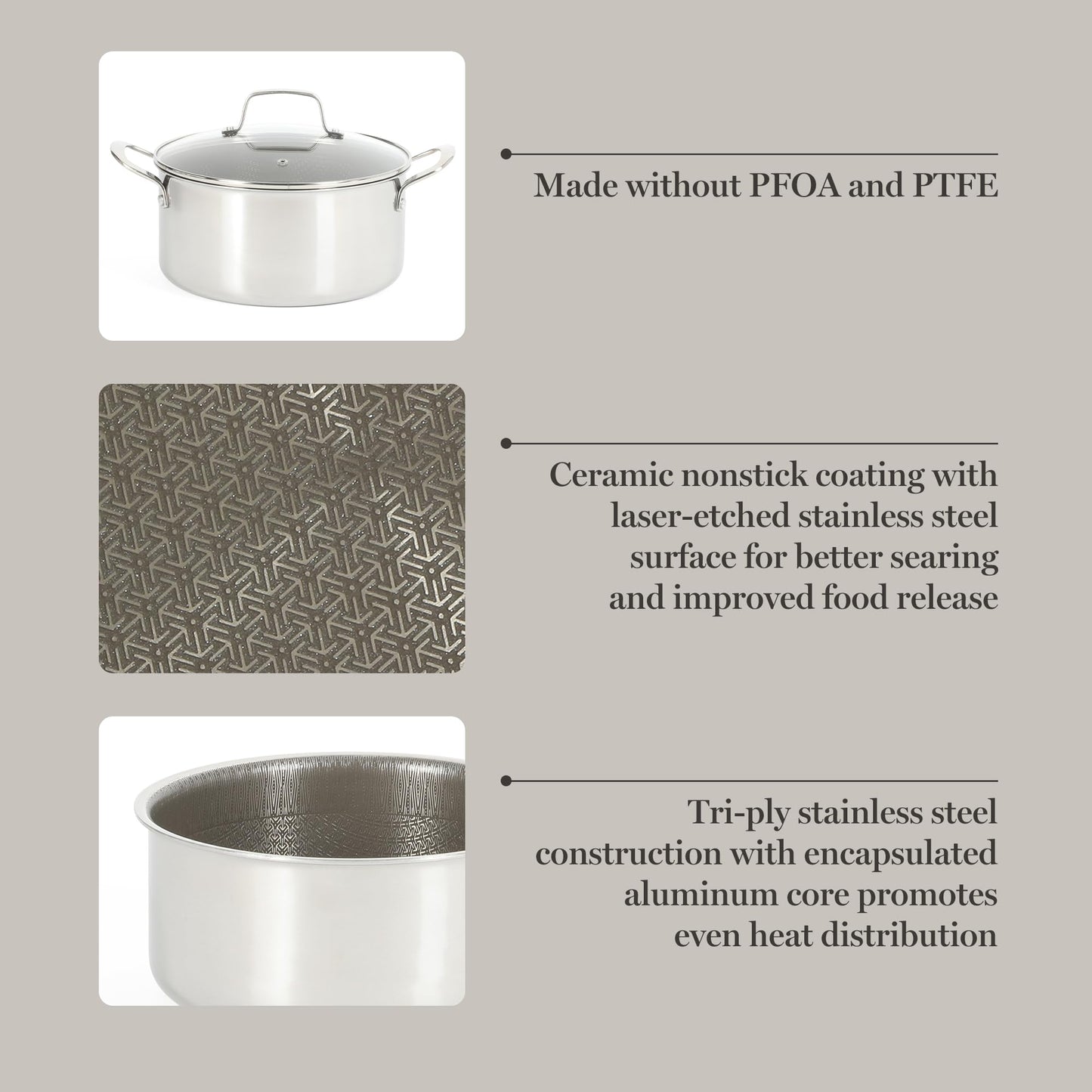 Martha Stewart Badgley Hybrid Nonstick 10 Piece TriPly Stainless Steel Pots and Pans Non-Toxic Kitchen Cookware Set - Laser Etched Perfect Sear Nonstick W/Stay Cool Handle Dishwasher & Induction Safe