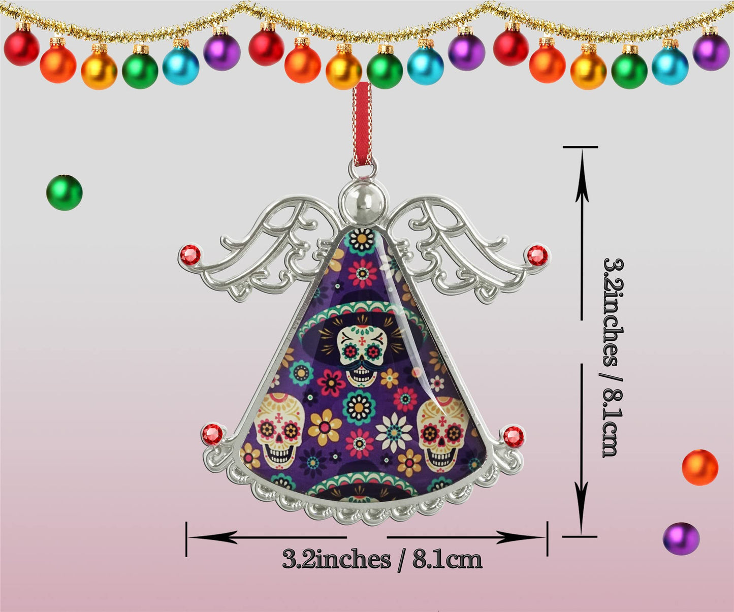 XUTAI Angel Christmas Tree Ornaments Sugar Skulls Flowers on Dark Glass Hanging Angel Glass Pendant for Holiday Decoration